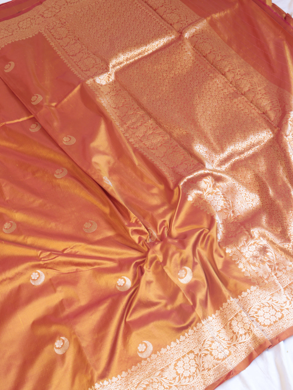 Muted Orange Pure Katan Silk Handloom Chand Phool Saree