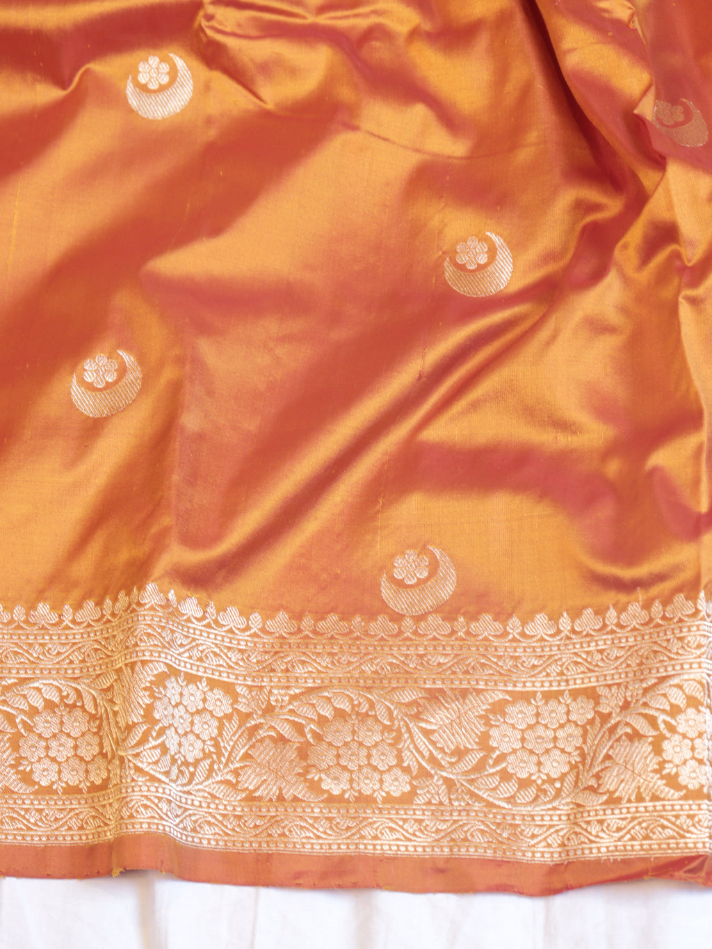 Muted Orange Pure Katan Silk Handloom Chand Phool Saree
