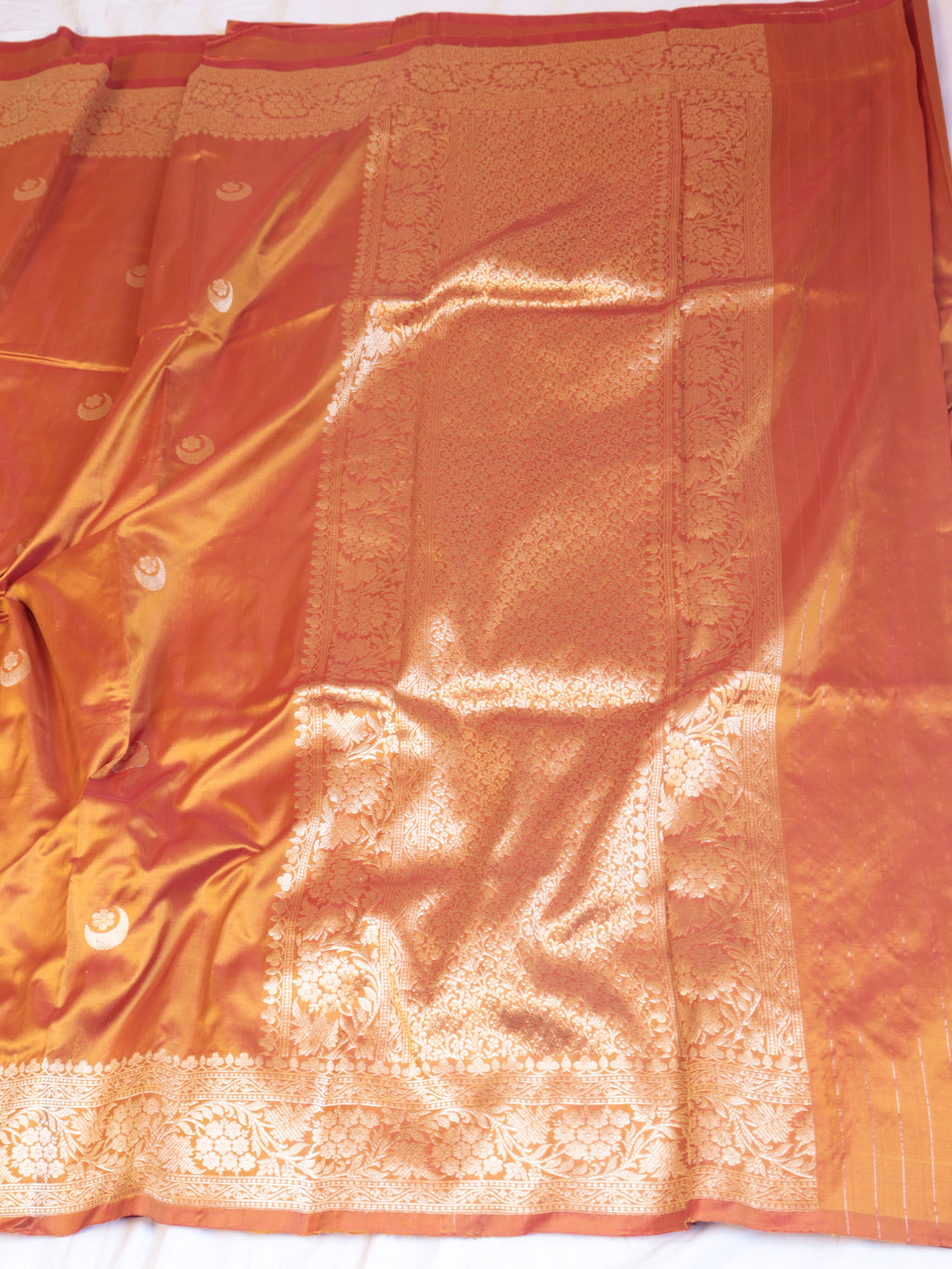 Muted Orange Pure Katan Silk Handloom Chand Phool Saree