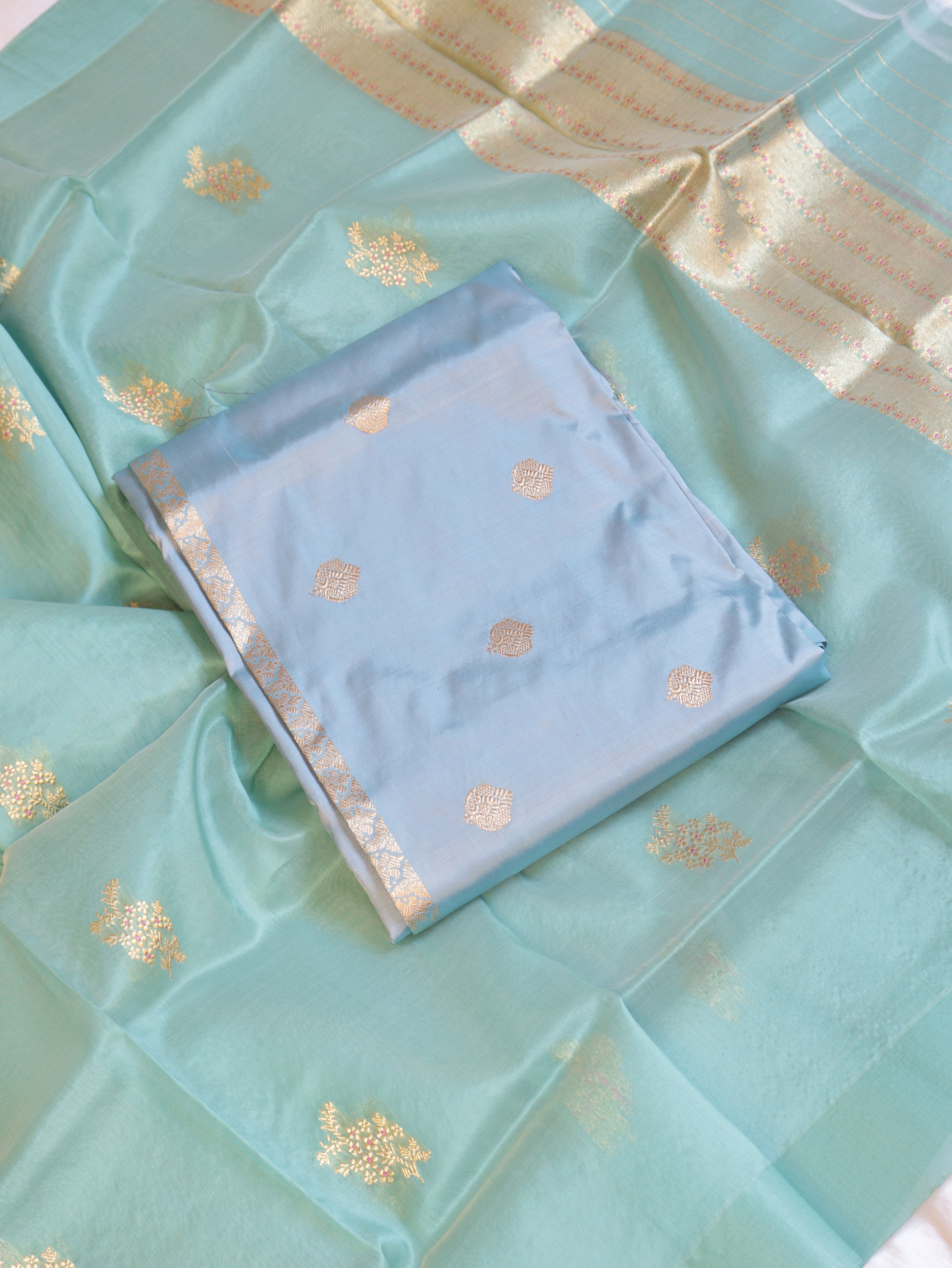 Pastel Blue Pure Katan Silk Handloom Suit Set with Contrast Pure Kora Silk Dupatta