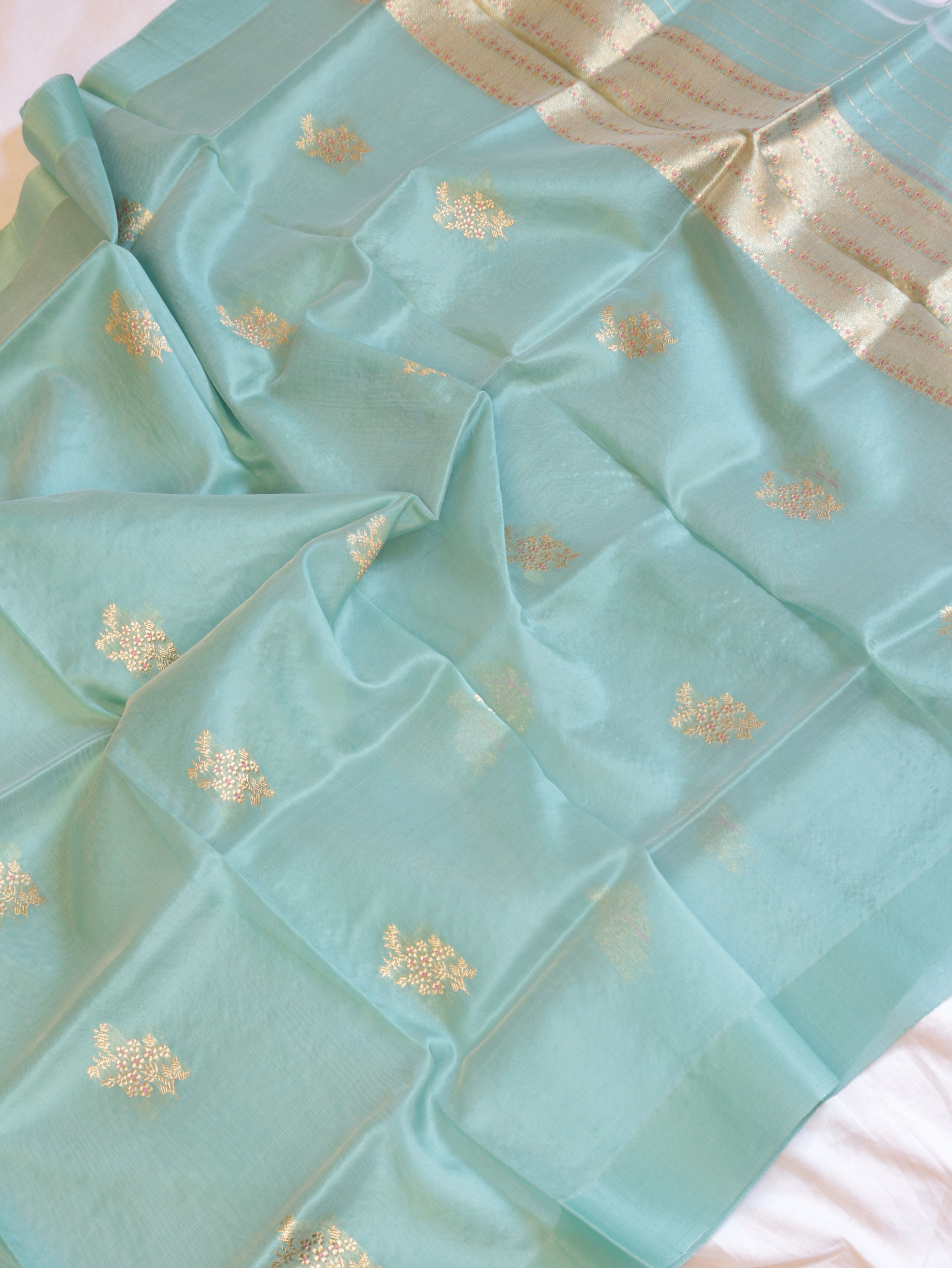 Pastel Blue Pure Katan Silk Handloom Suit Set with Contrast Pure Kora Silk Dupatta