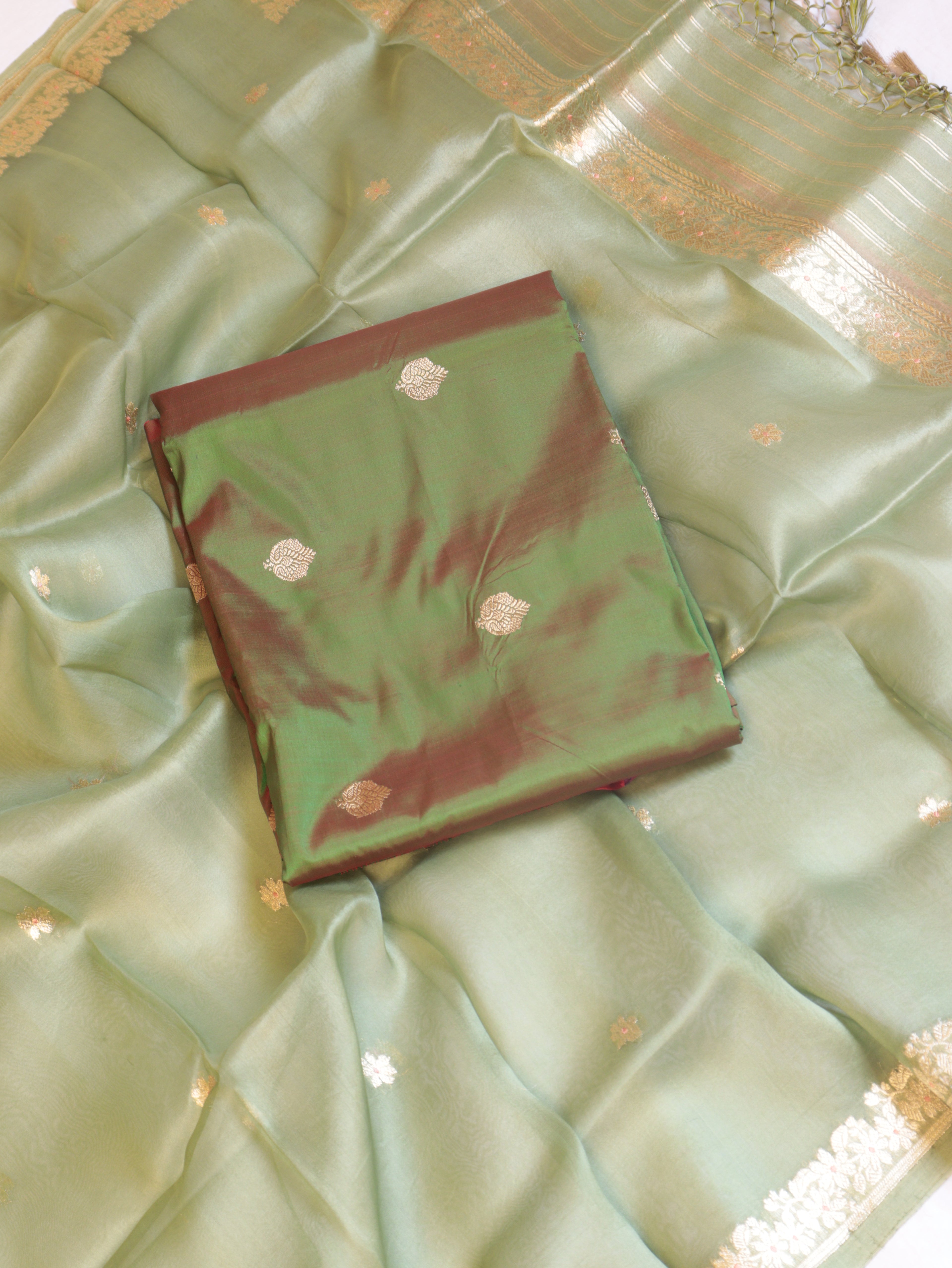 Pastel Green Pure Katan Silk Handloom Suit Set with Contrast Pure Kora Silk Dupatta
