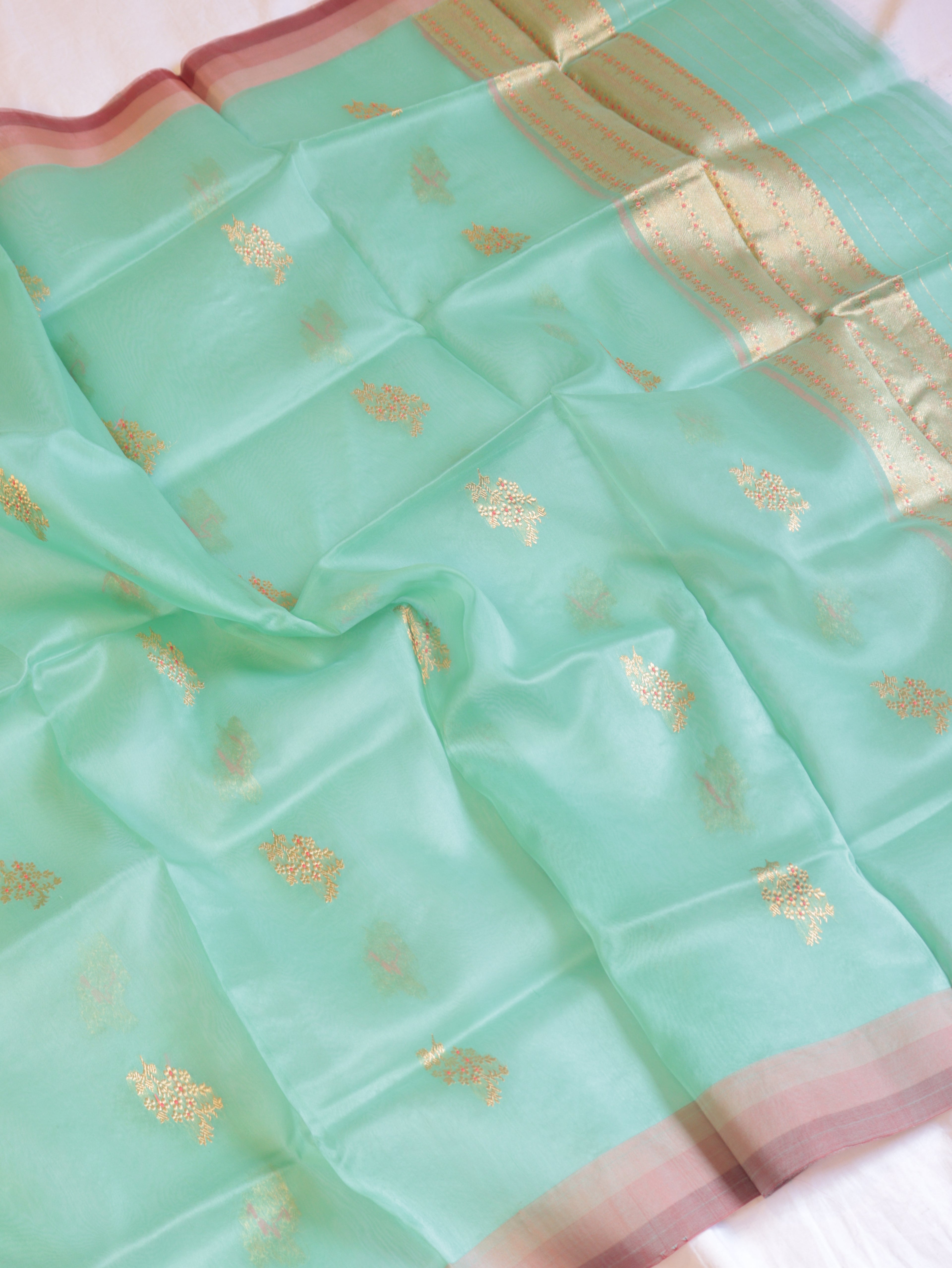 Pastel Green Pure Katan Silk Handloom Suit Set with Contrast Pure Kora Silk Dupatta