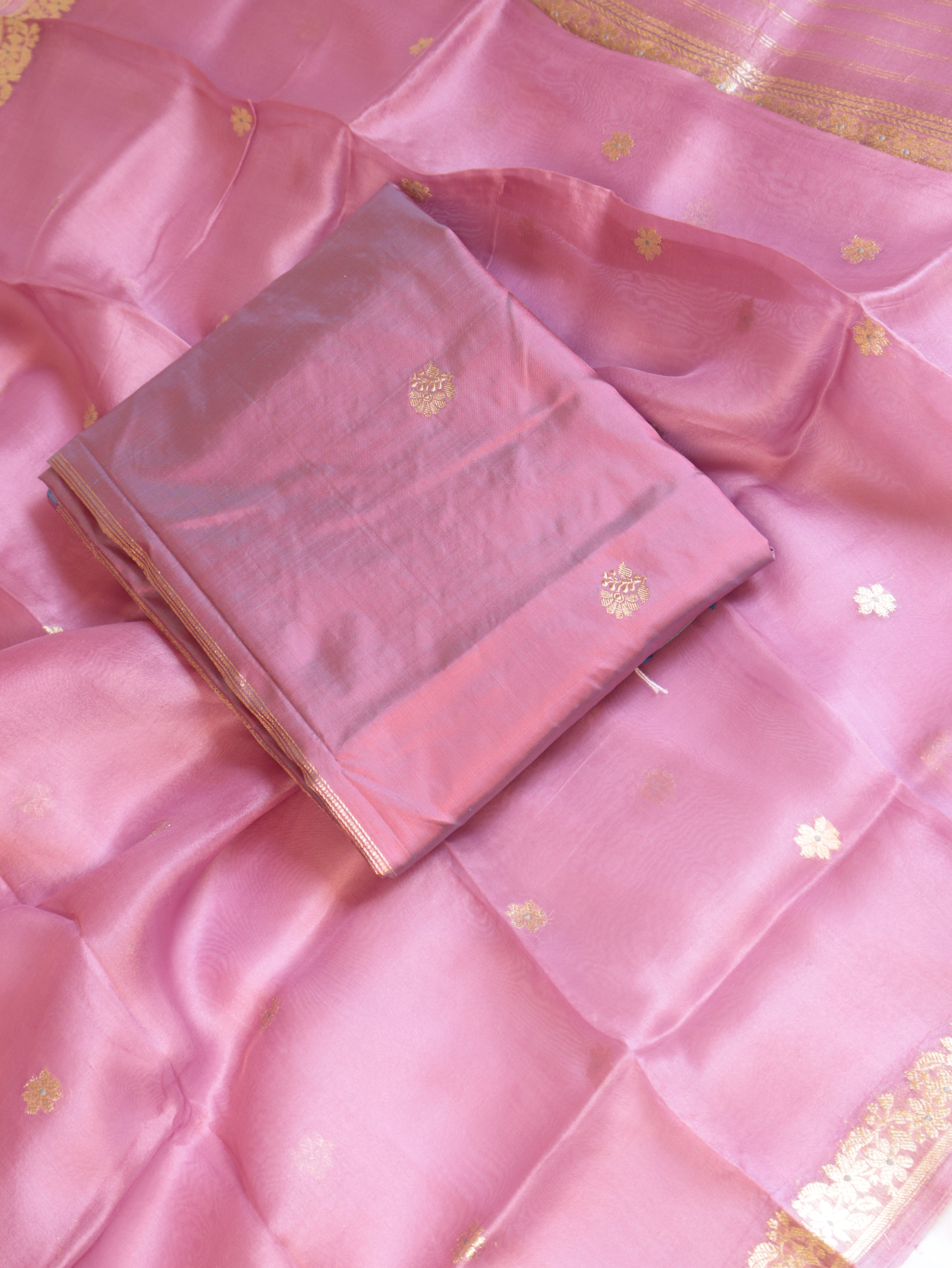 Rose Pink Pure Katan Silk Handloom Suit Set with Contrast Pure Kora Silk Dupatta