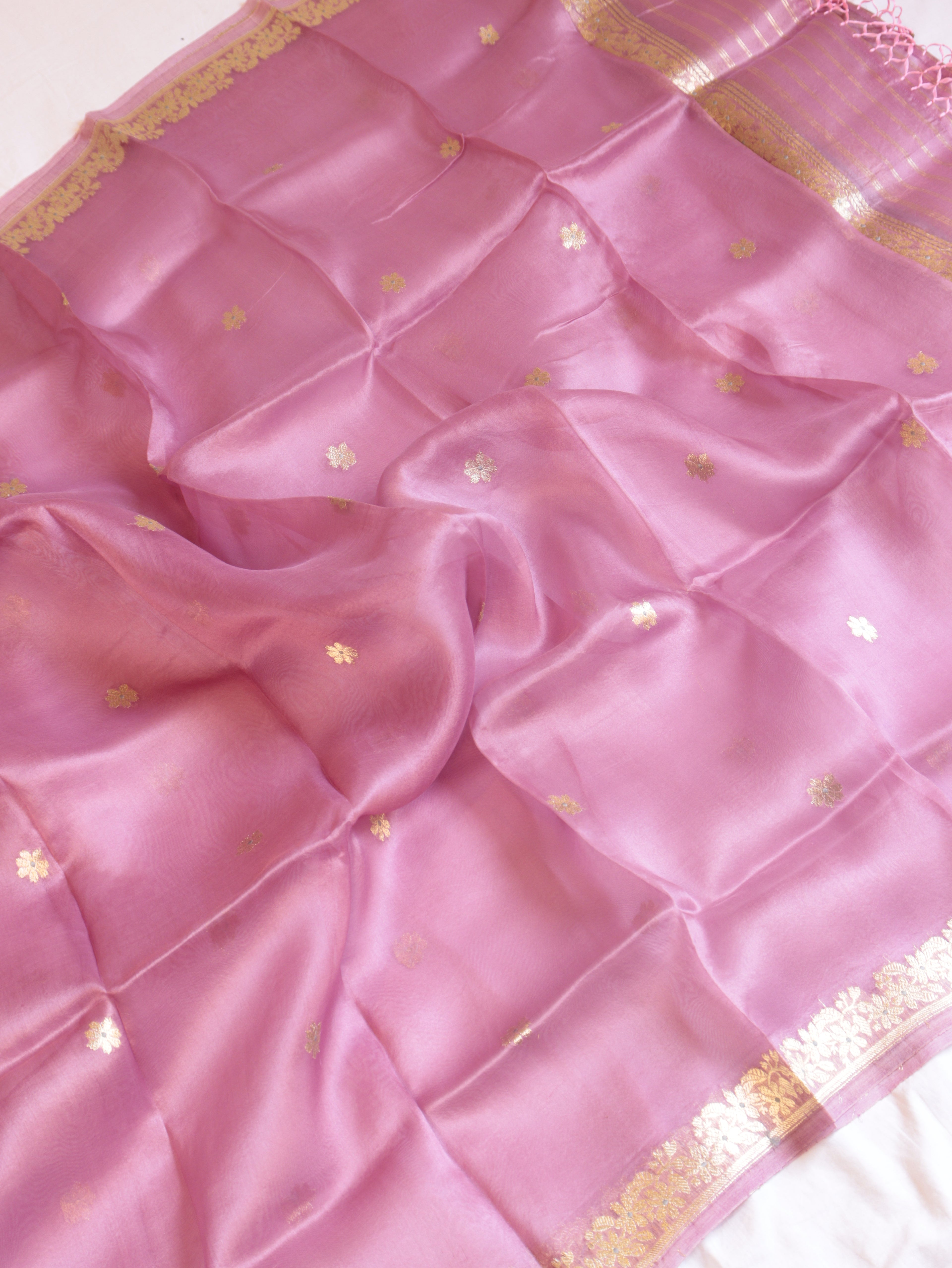 Rose Pink Pure Katan Silk Handloom Suit Set with Contrast Pure Kora Silk Dupatta