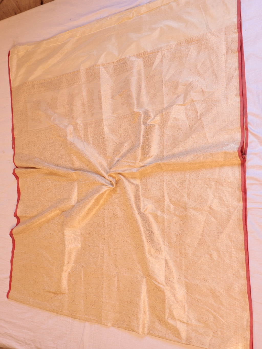 Horizontal Floral Border Handloom Pure Katan Silk Saree - White