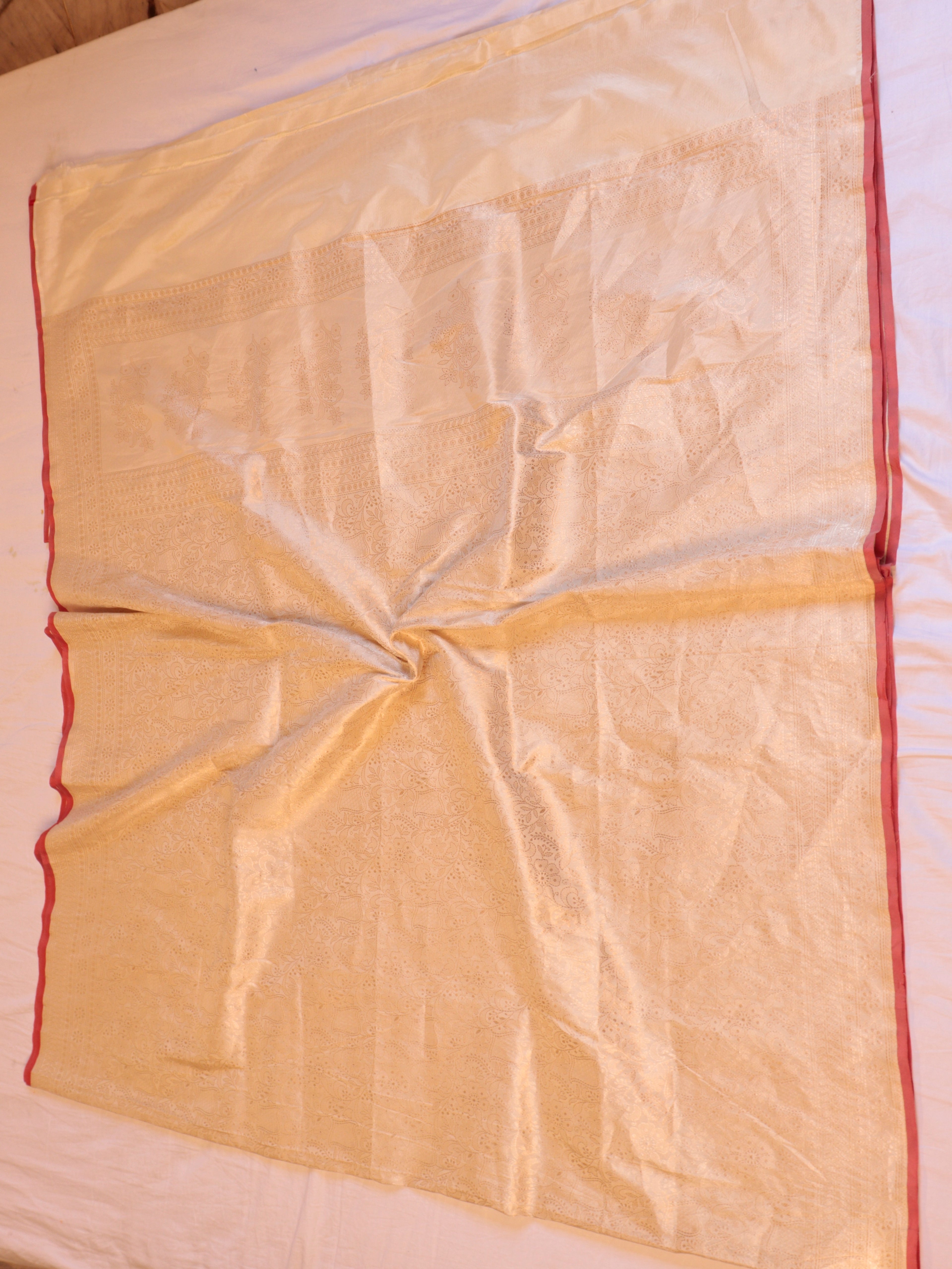 Horizontal Floral Border Handloom Pure Katan Silk Saree - White