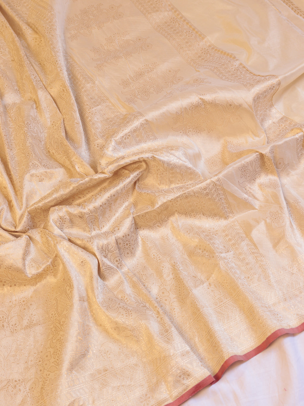 Horizontal Floral Border Handloom Pure Katan Silk Saree - White