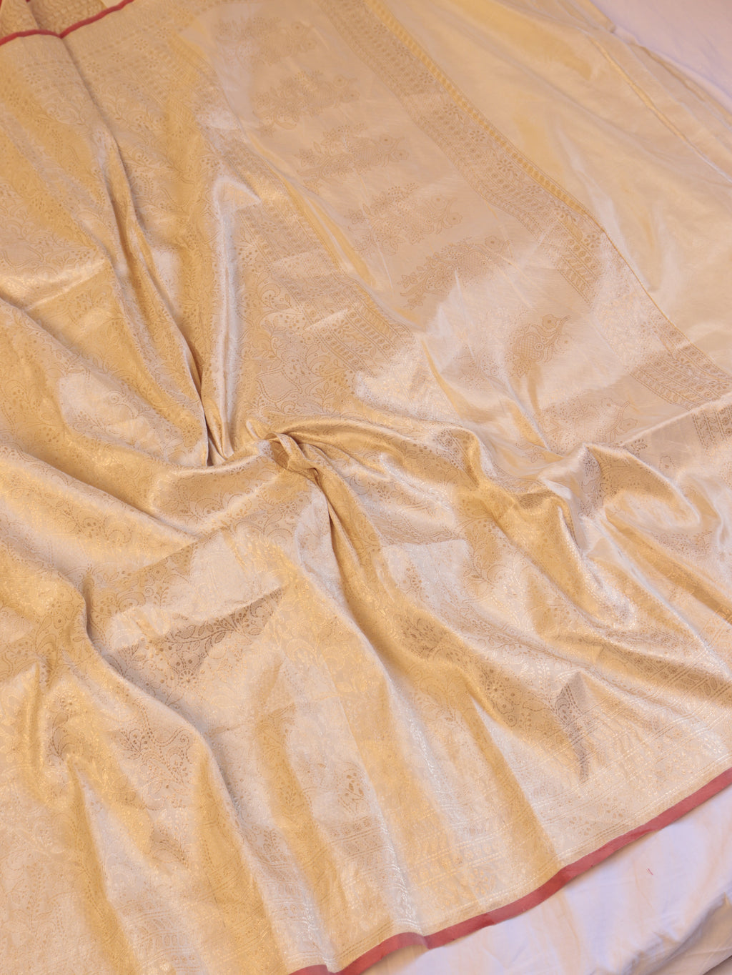 Horizontal Floral Border Handloom Pure Katan Silk Saree - White