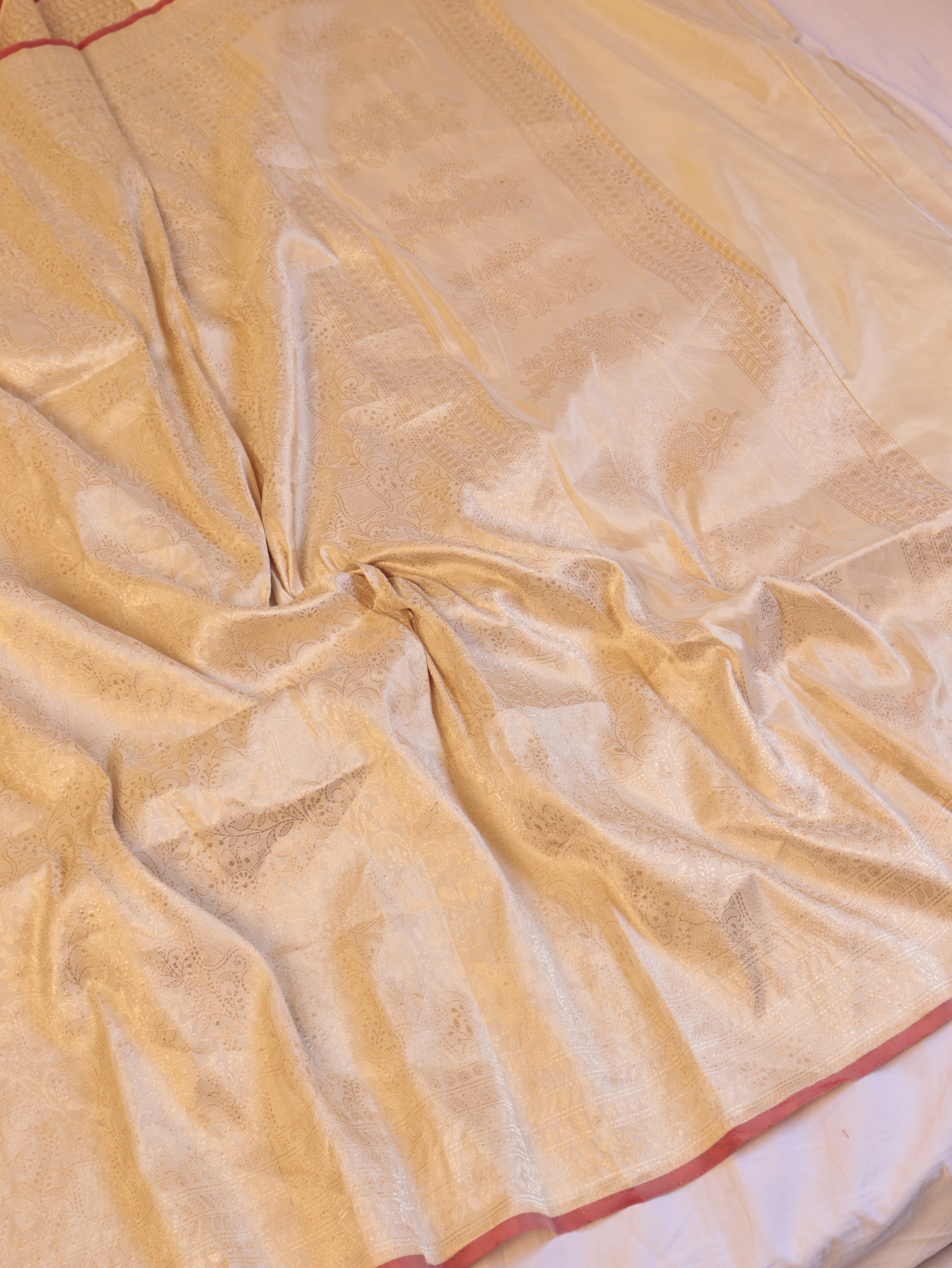 Horizontal Floral Border Handloom Pure Katan Silk Saree - White