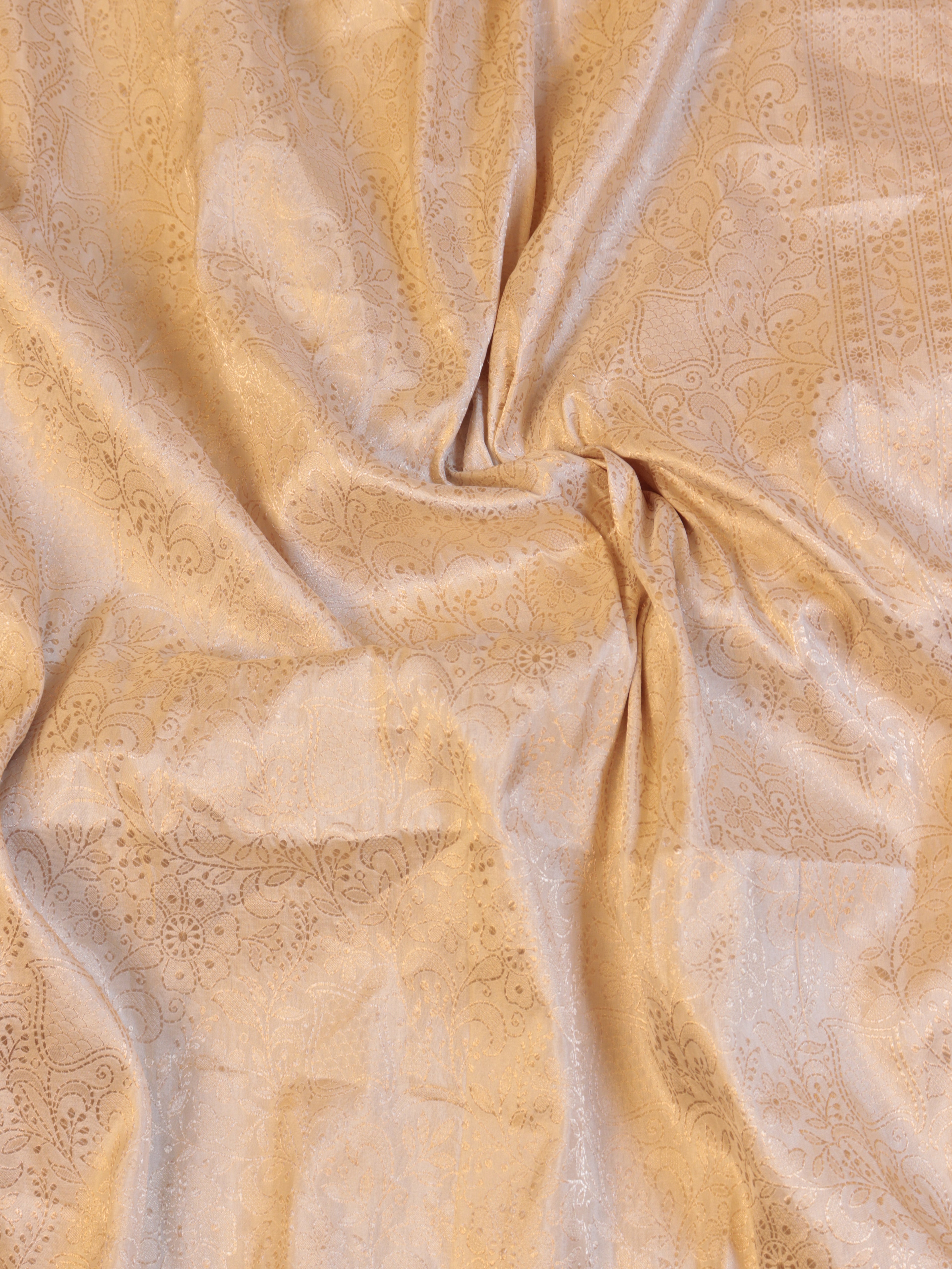 Horizontal Floral Border Handloom Pure Katan Silk Saree - White