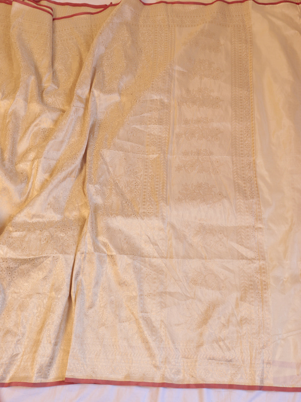 Horizontal Floral Border Handloom Pure Katan Silk Saree - White