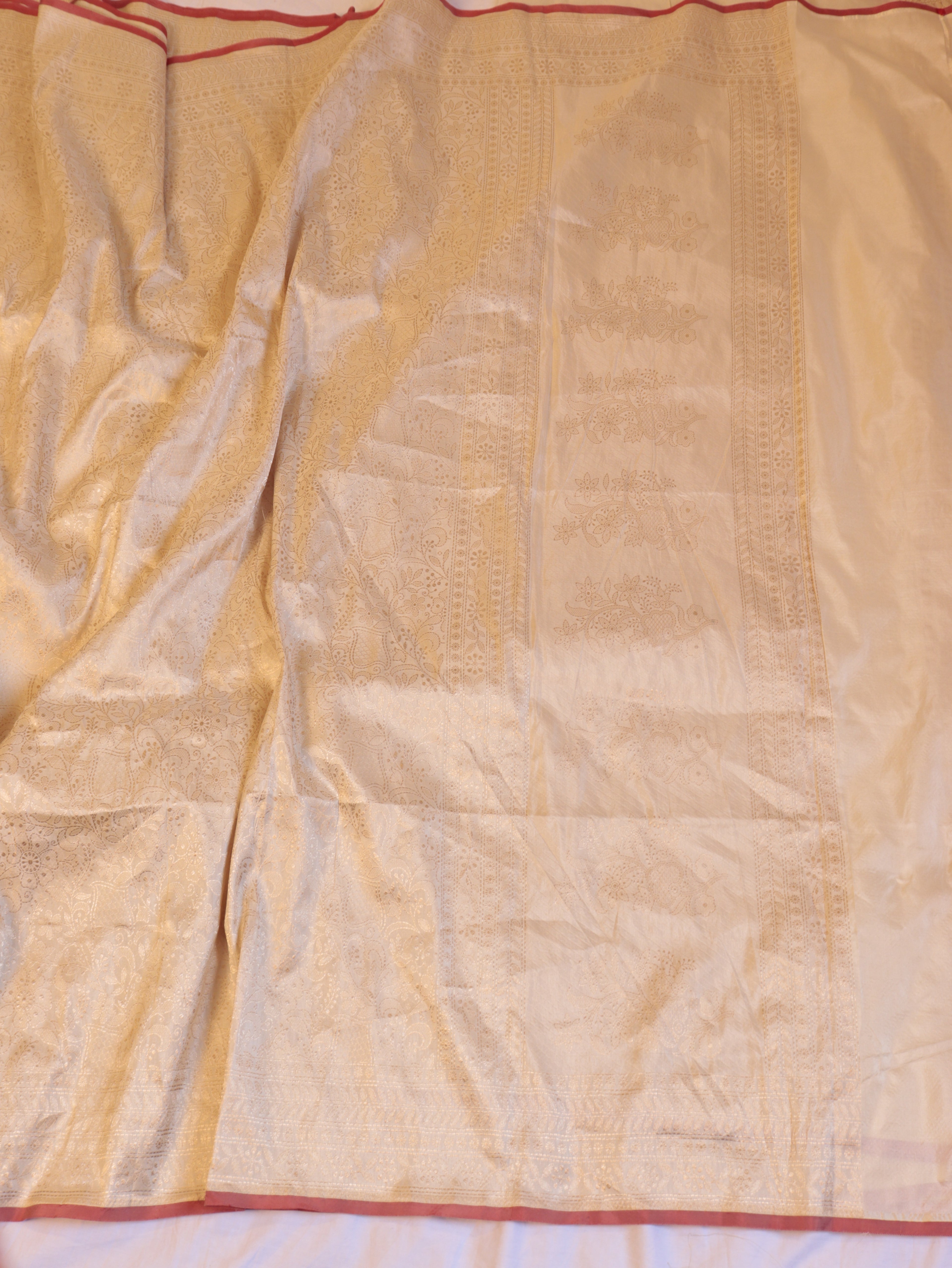 Horizontal Floral Border Handloom Pure Katan Silk Saree - White