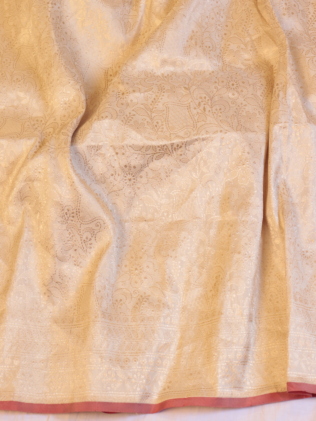 Horizontal Floral Border Handloom Pure Katan Silk Saree - White