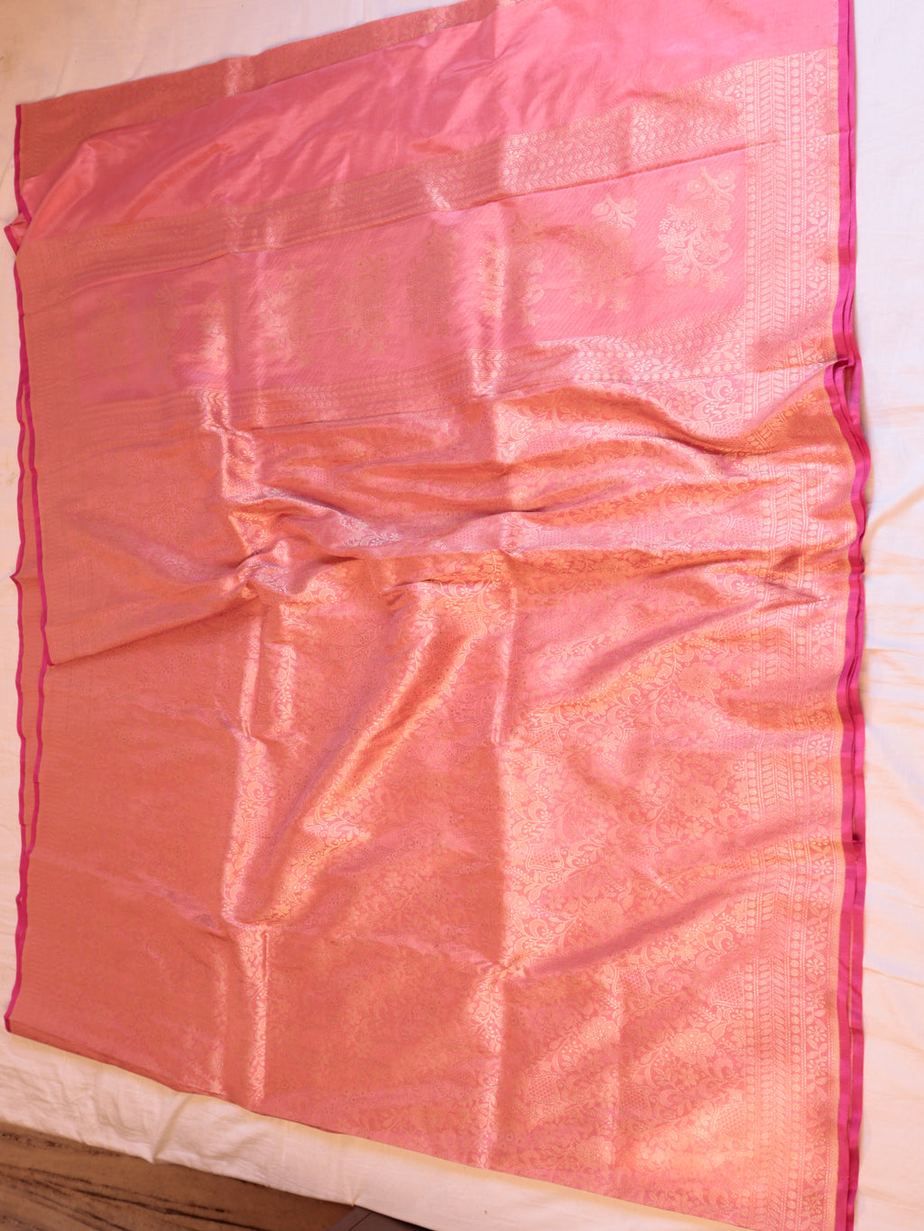 Horizontal Floral Border Handloom Pure Katan Silk Saree - Pink