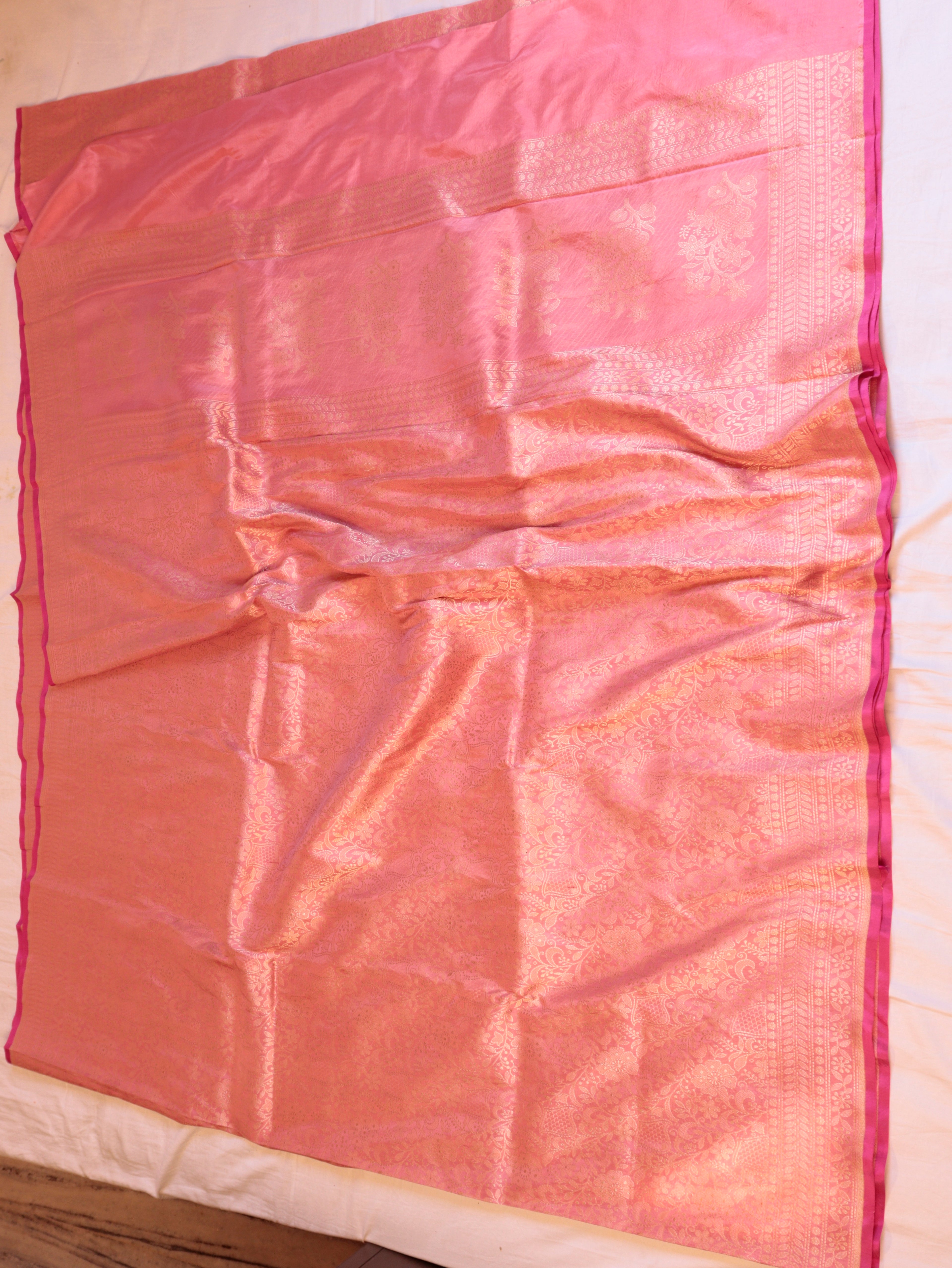 Horizontal Floral Border Handloom Pure Katan Silk Saree - Pink