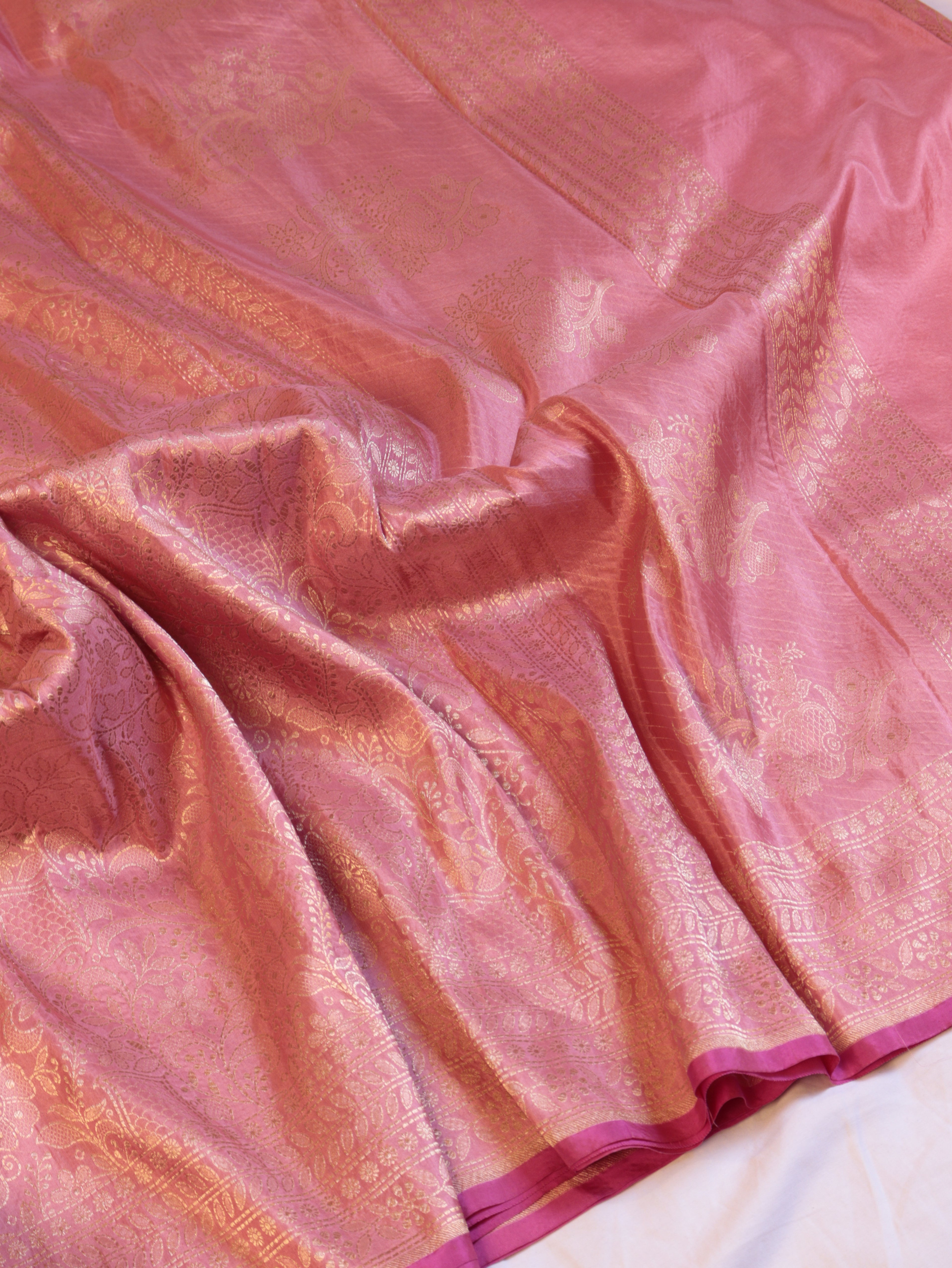 Horizontal Floral Border Handloom Pure Katan Silk Saree - Pink