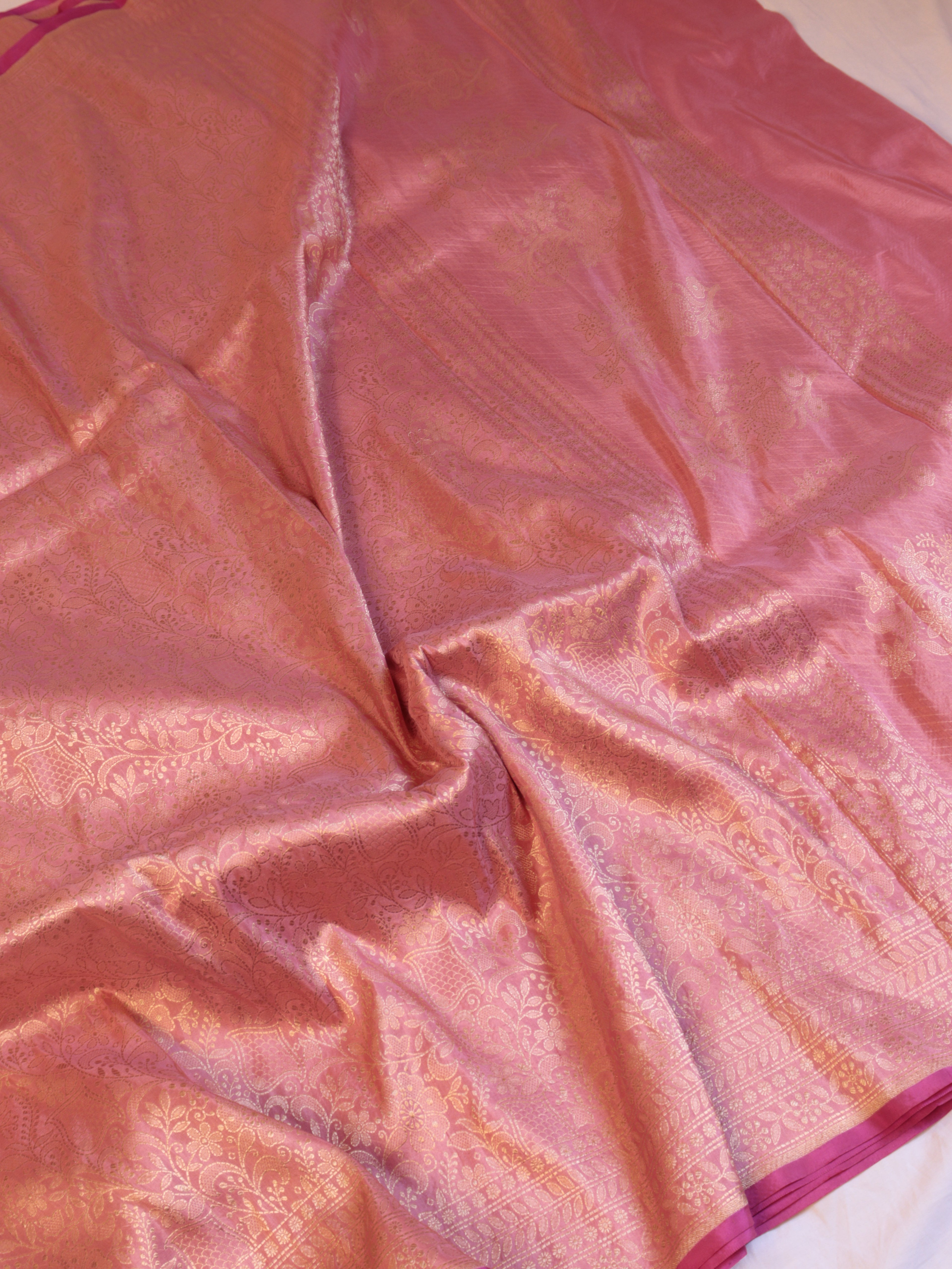 Horizontal Floral Border Handloom Pure Katan Silk Saree - Pink