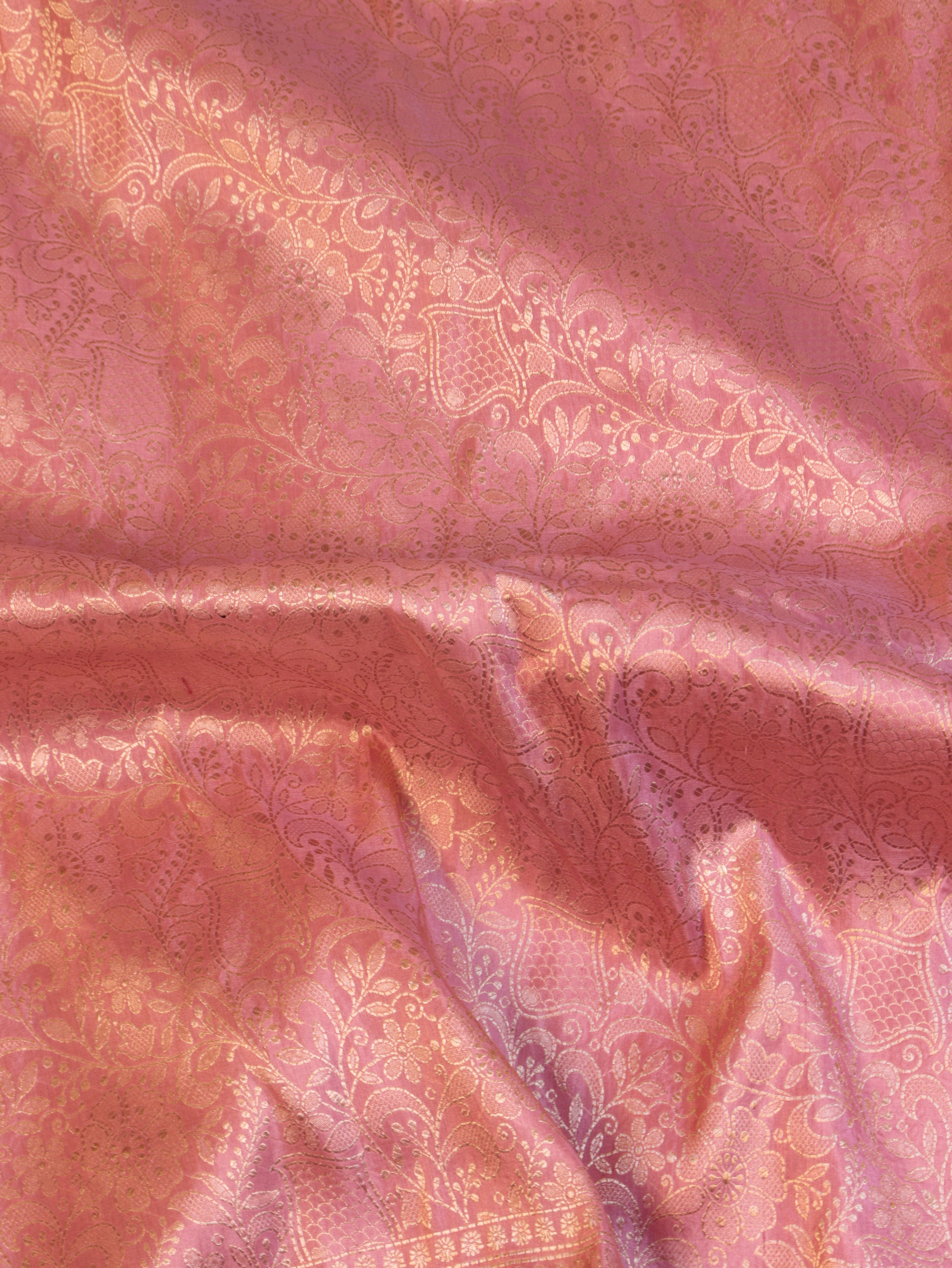 Horizontal Floral Border Handloom Pure Katan Silk Saree - Pink