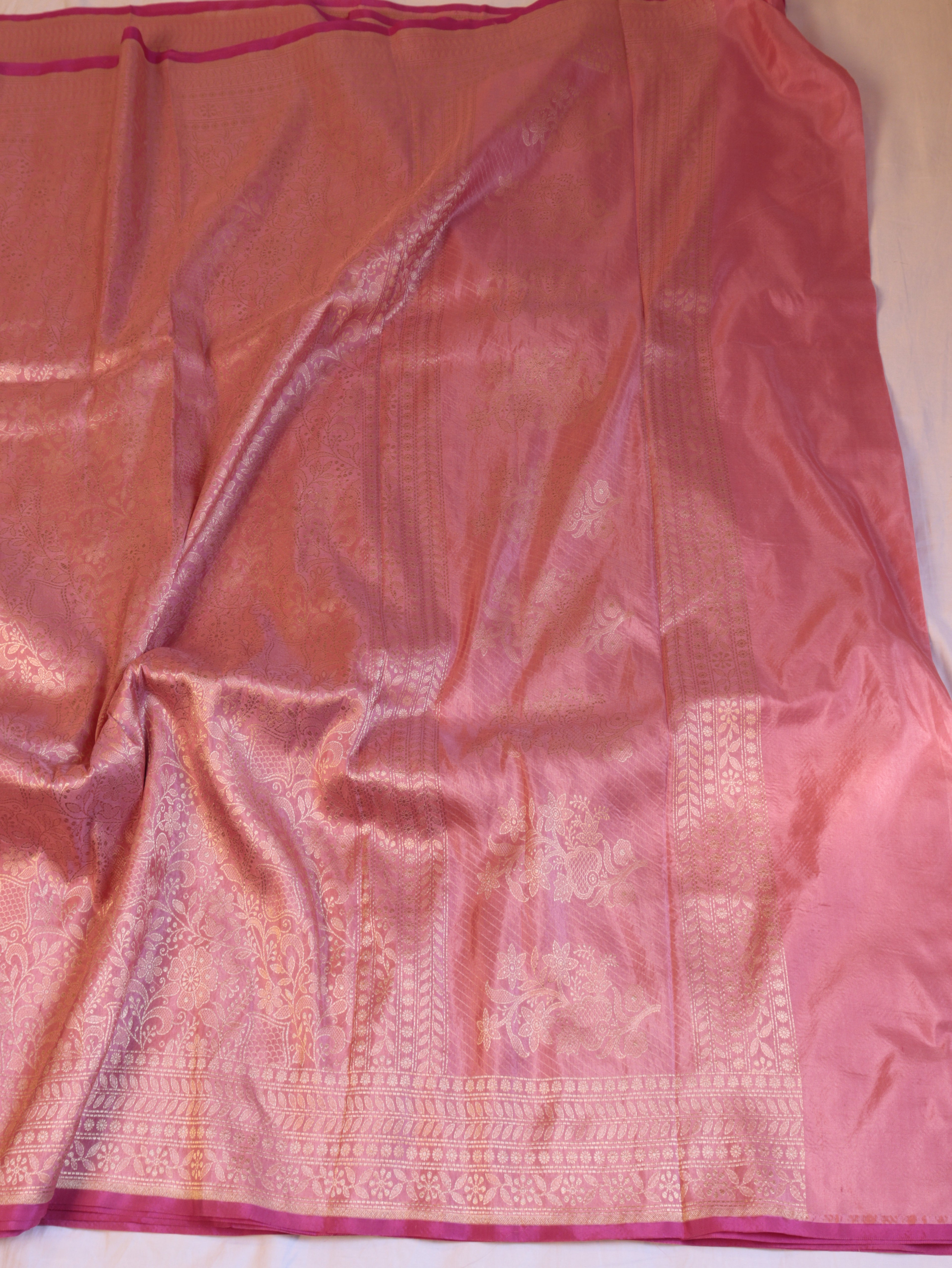 Horizontal Floral Border Handloom Pure Katan Silk Saree - Pink