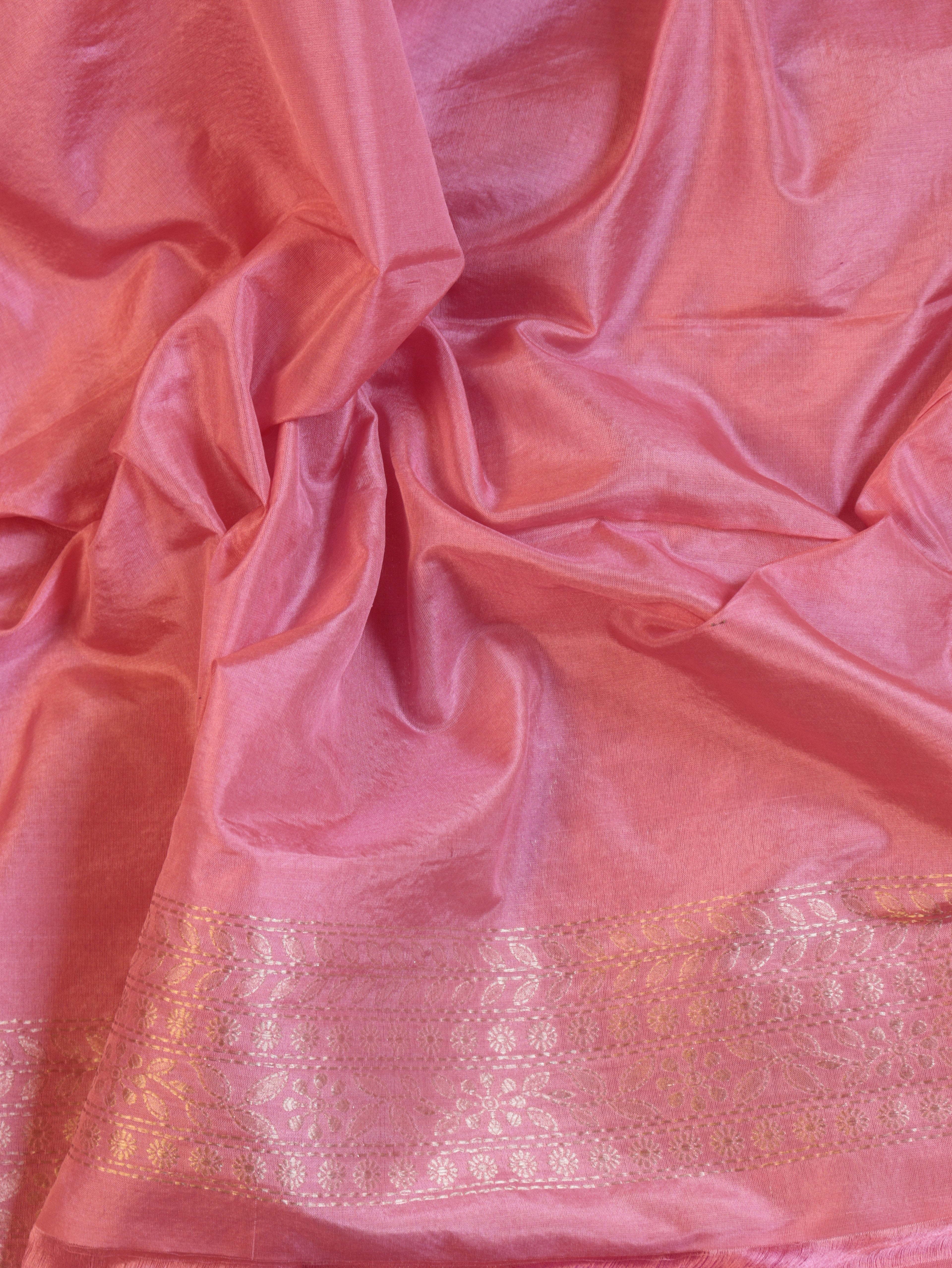 Horizontal Floral Border Handloom Pure Katan Silk Saree - Pink