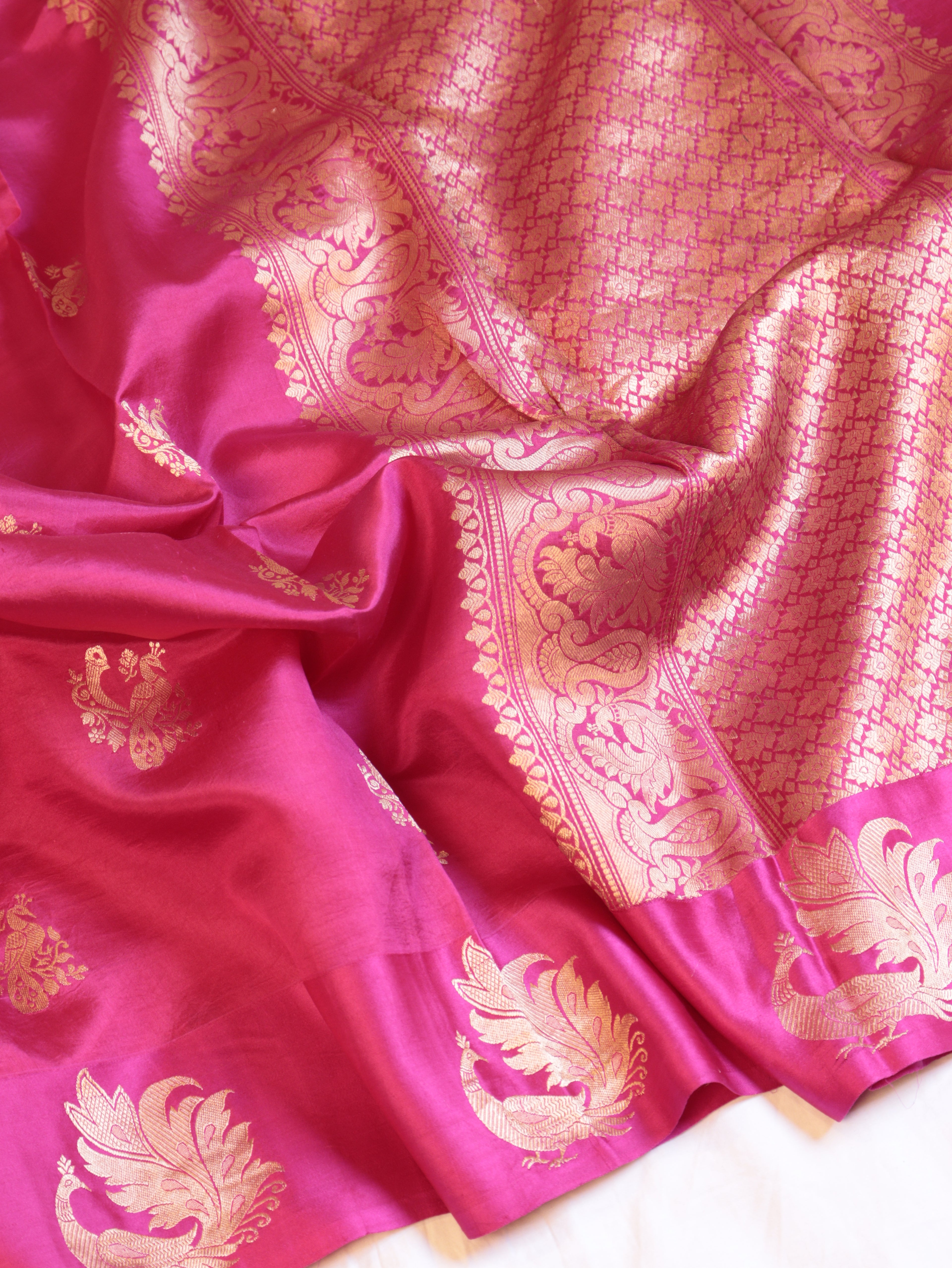 Bird Border Handloom Pure Soft Katan Silk Saree - Pink