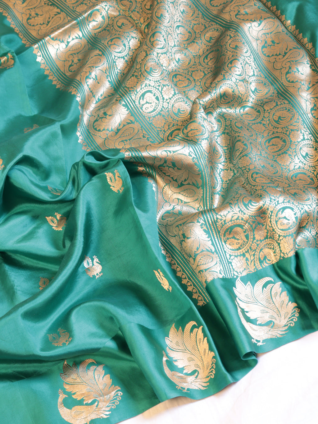 Bird Border Handloom Pure Soft Katan Silk Saree - Teal