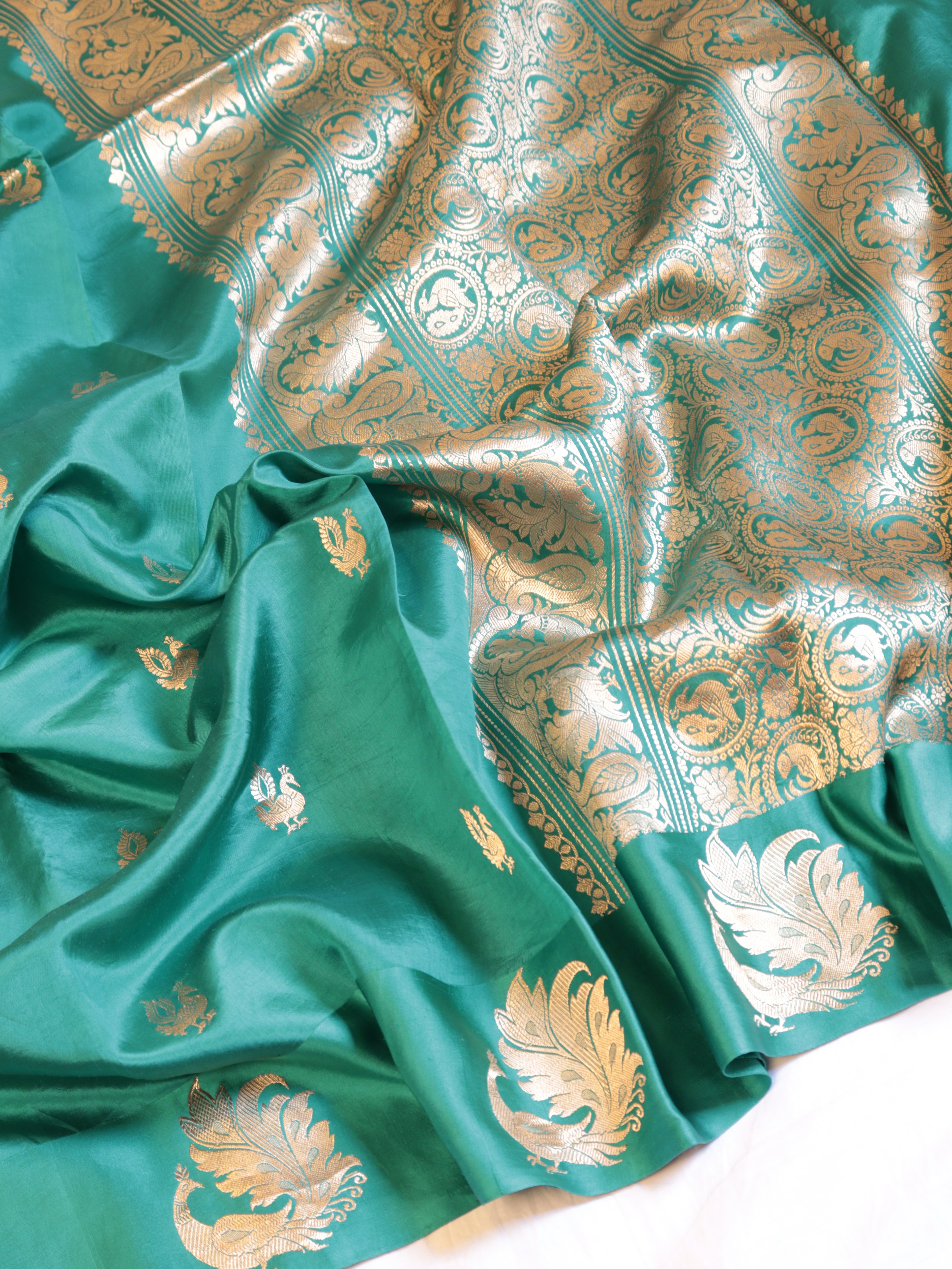Bird Border Handloom Pure Soft Katan Silk Saree - Teal