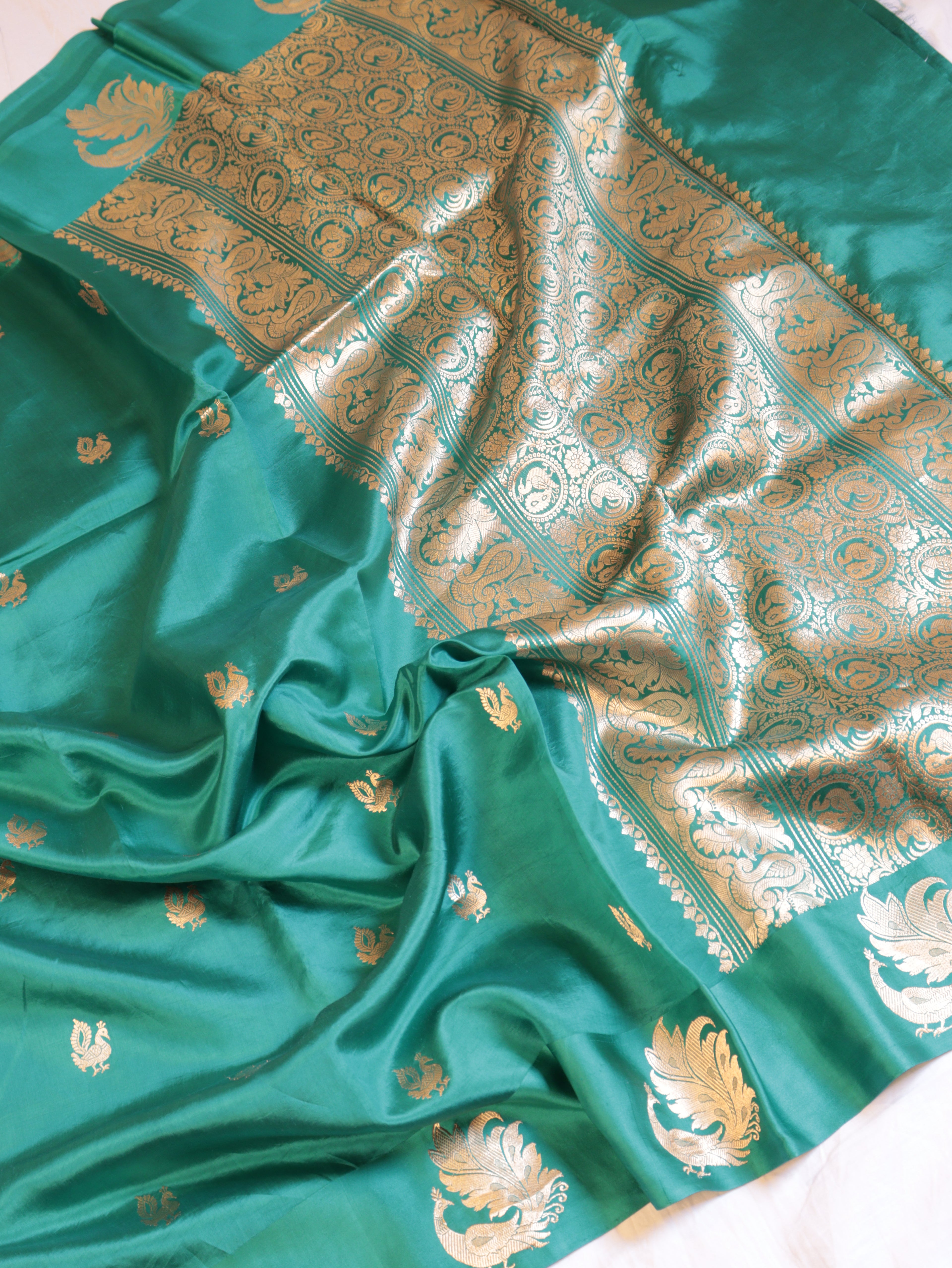 Bird Border Handloom Pure Soft Katan Silk Saree - Teal