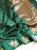 Bird Border Handloom Pure Soft Katan Silk Saree - Bottle Green
