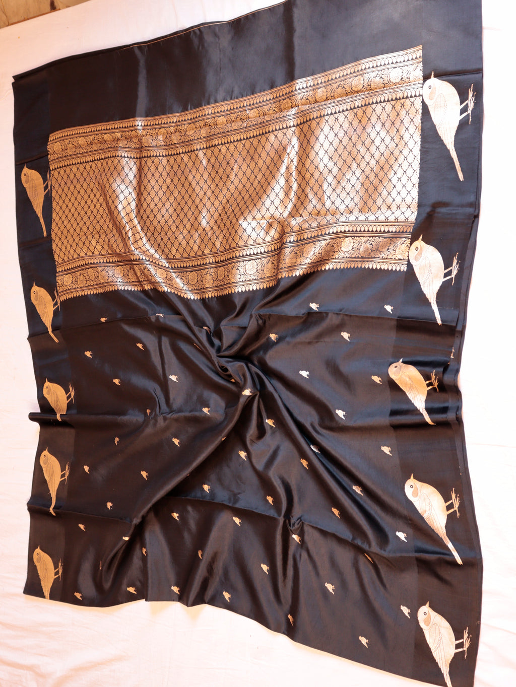 Bird Border Handloom Pure Soft Katan Silk Saree - Black