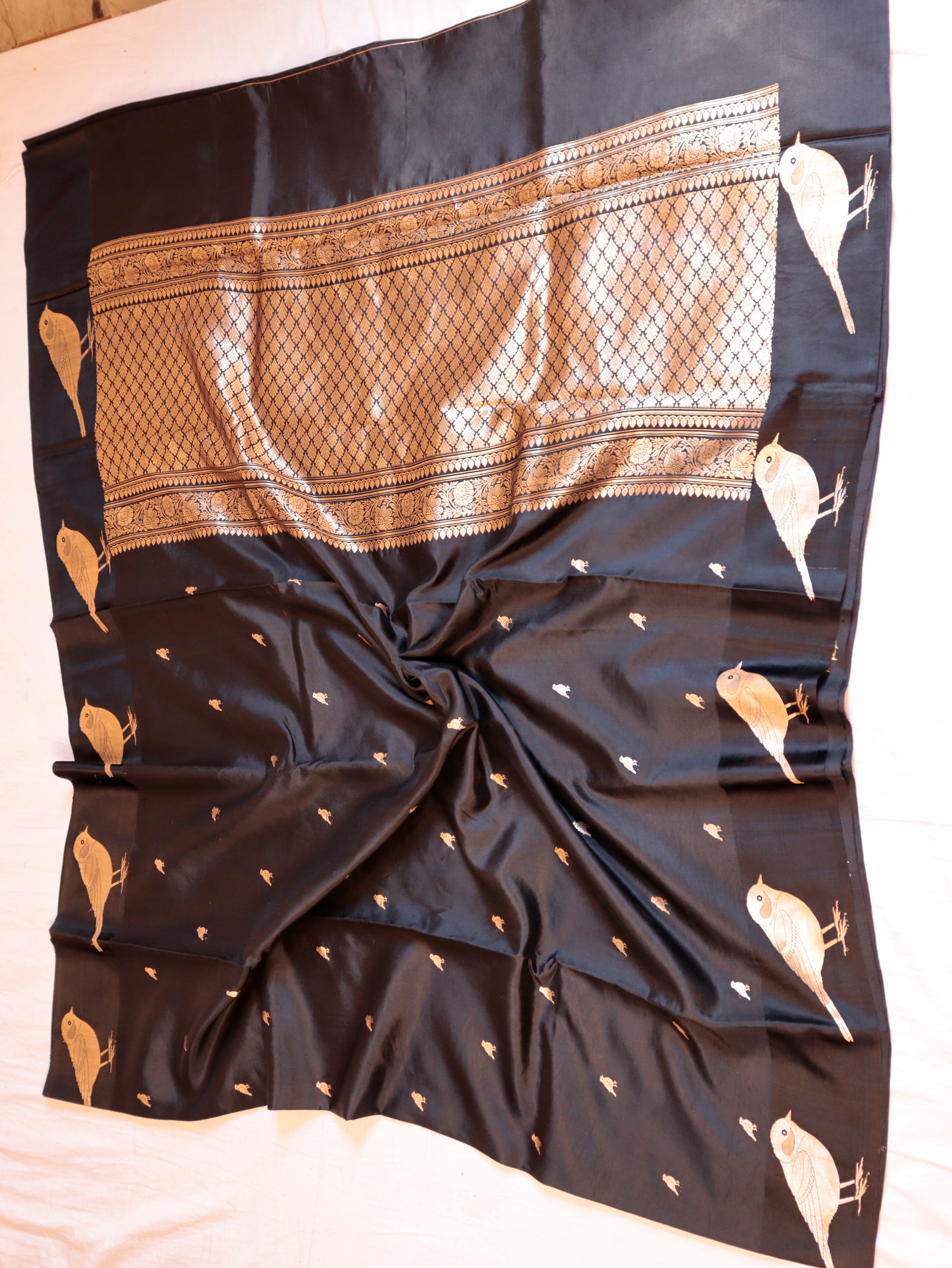 Bird Border Handloom Pure Soft Katan Silk Saree - Black