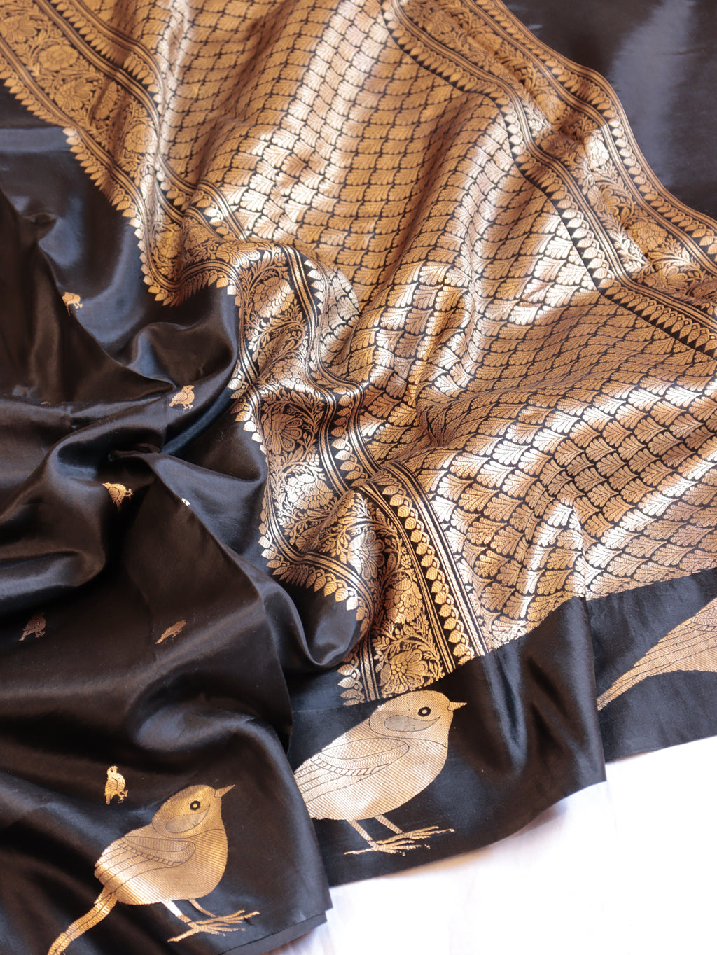 Bird Border Handloom Pure Soft Katan Silk Saree - Black