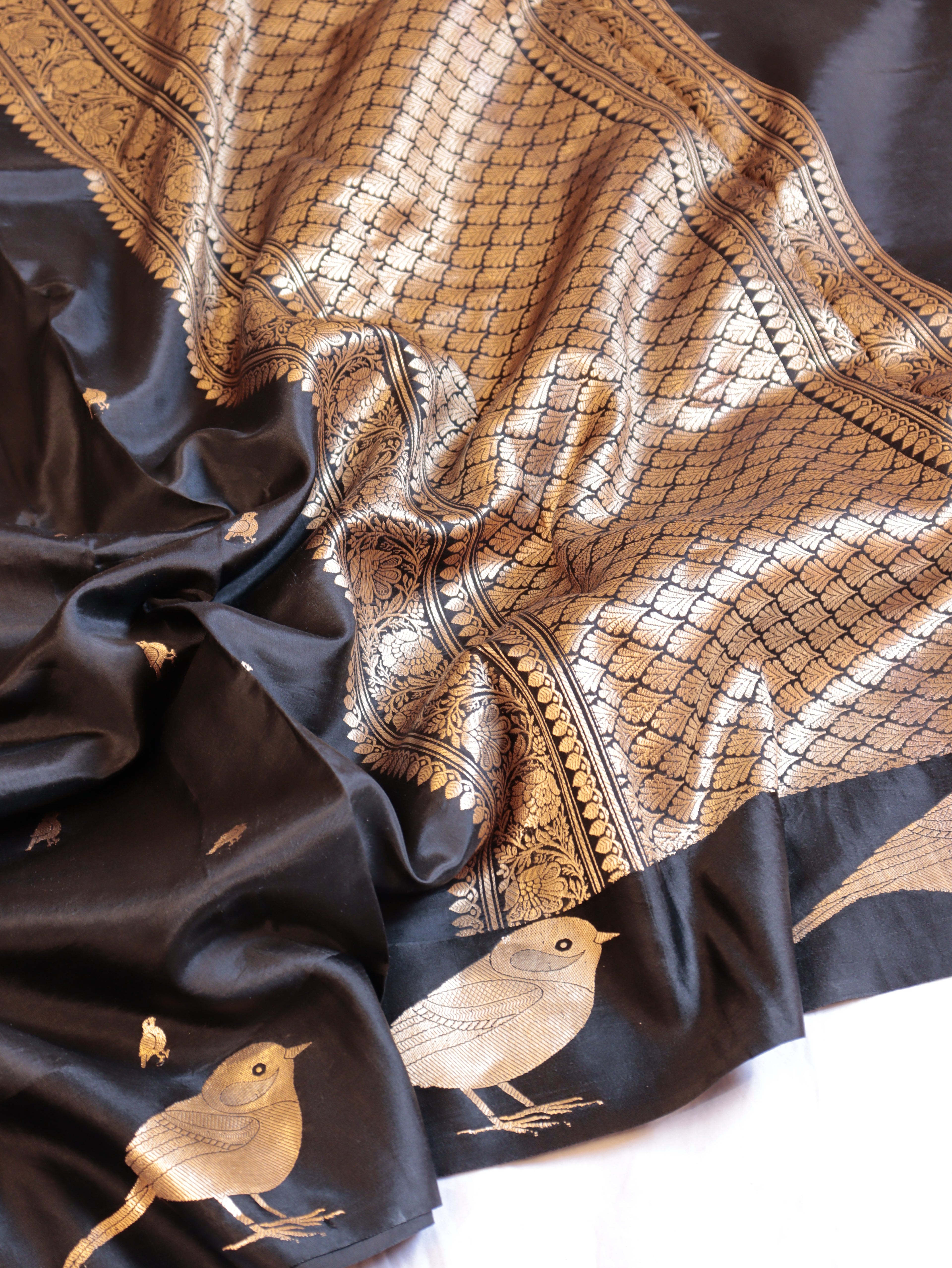 Bird Border Handloom Pure Soft Katan Silk Saree - Black