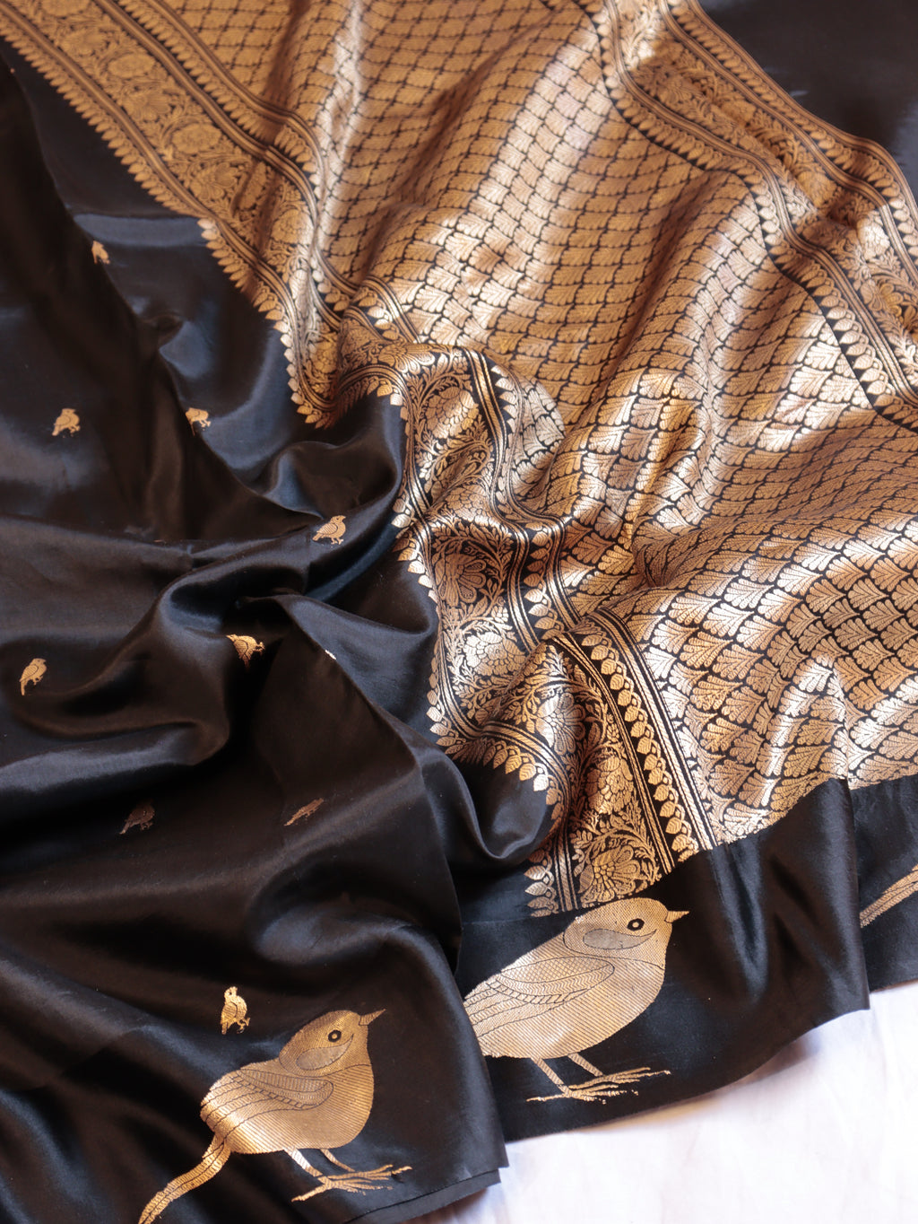 Bird Border Handloom Pure Soft Katan Silk Saree - Black