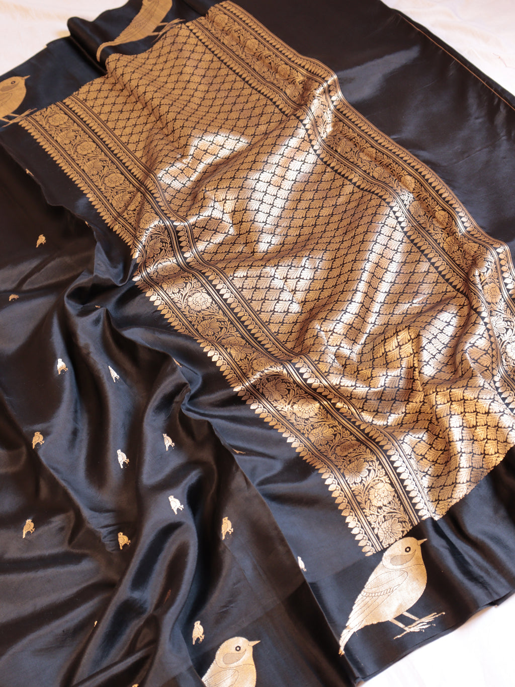Bird Border Handloom Pure Soft Katan Silk Saree - Black