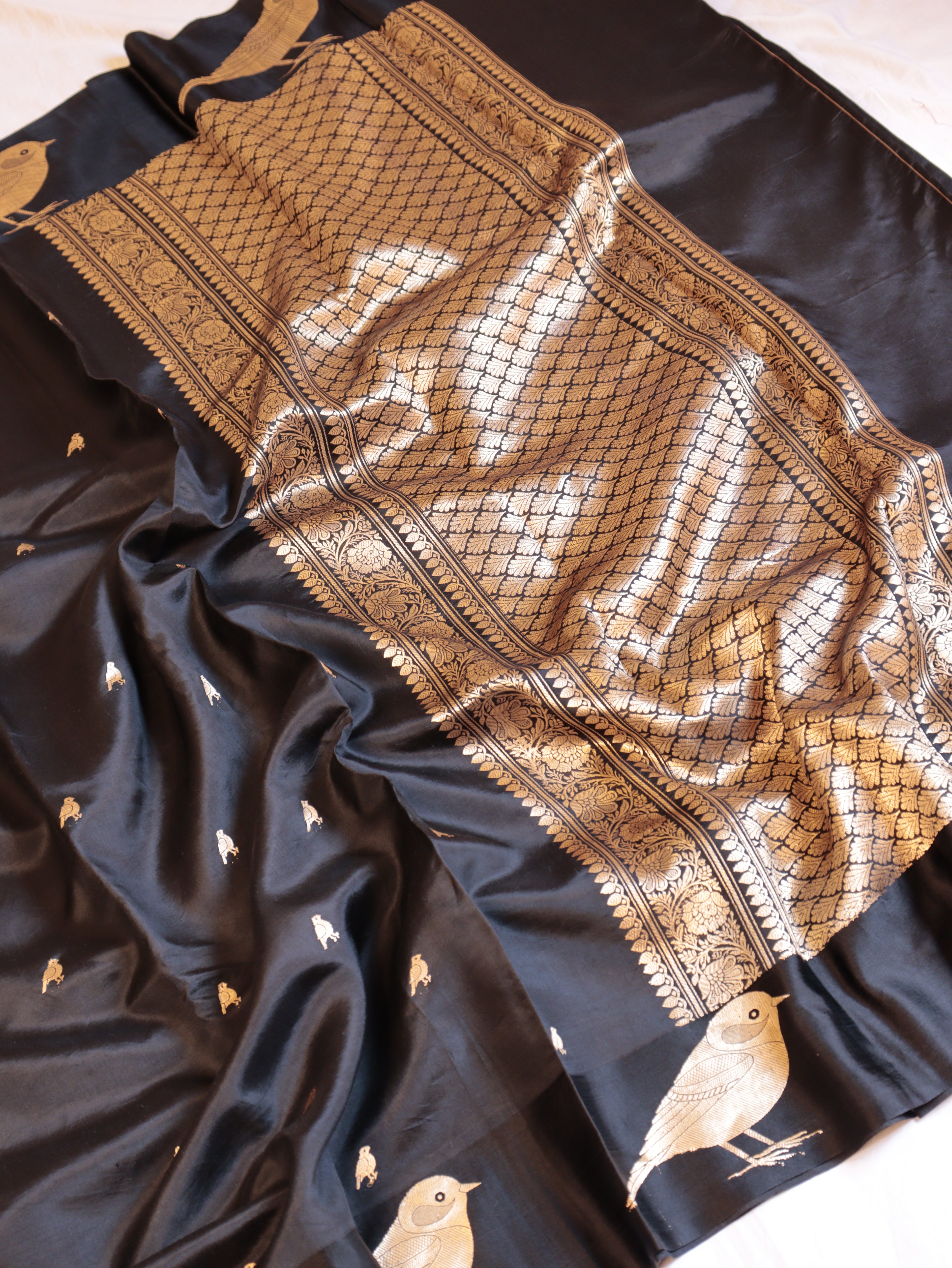 Bird Border Handloom Pure Soft Katan Silk Saree - Black