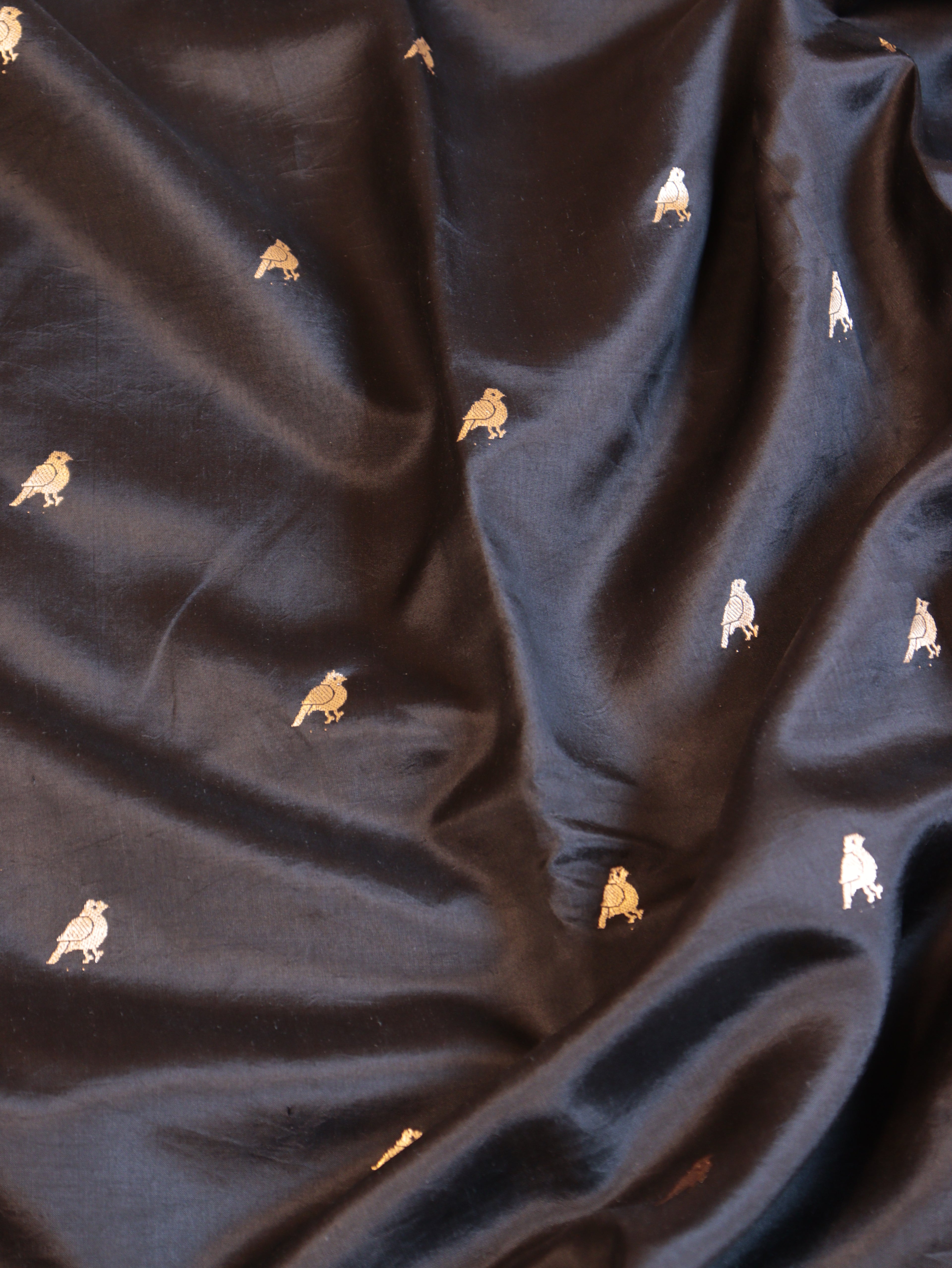 Bird Border Handloom Pure Soft Katan Silk Saree - Black