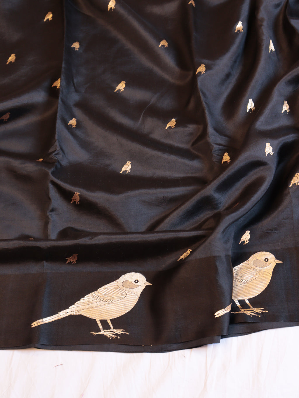 Bird Border Handloom Pure Soft Katan Silk Saree - Black