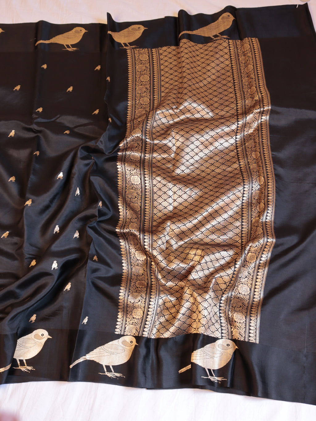 Bird Border Handloom Pure Soft Katan Silk Saree - Black