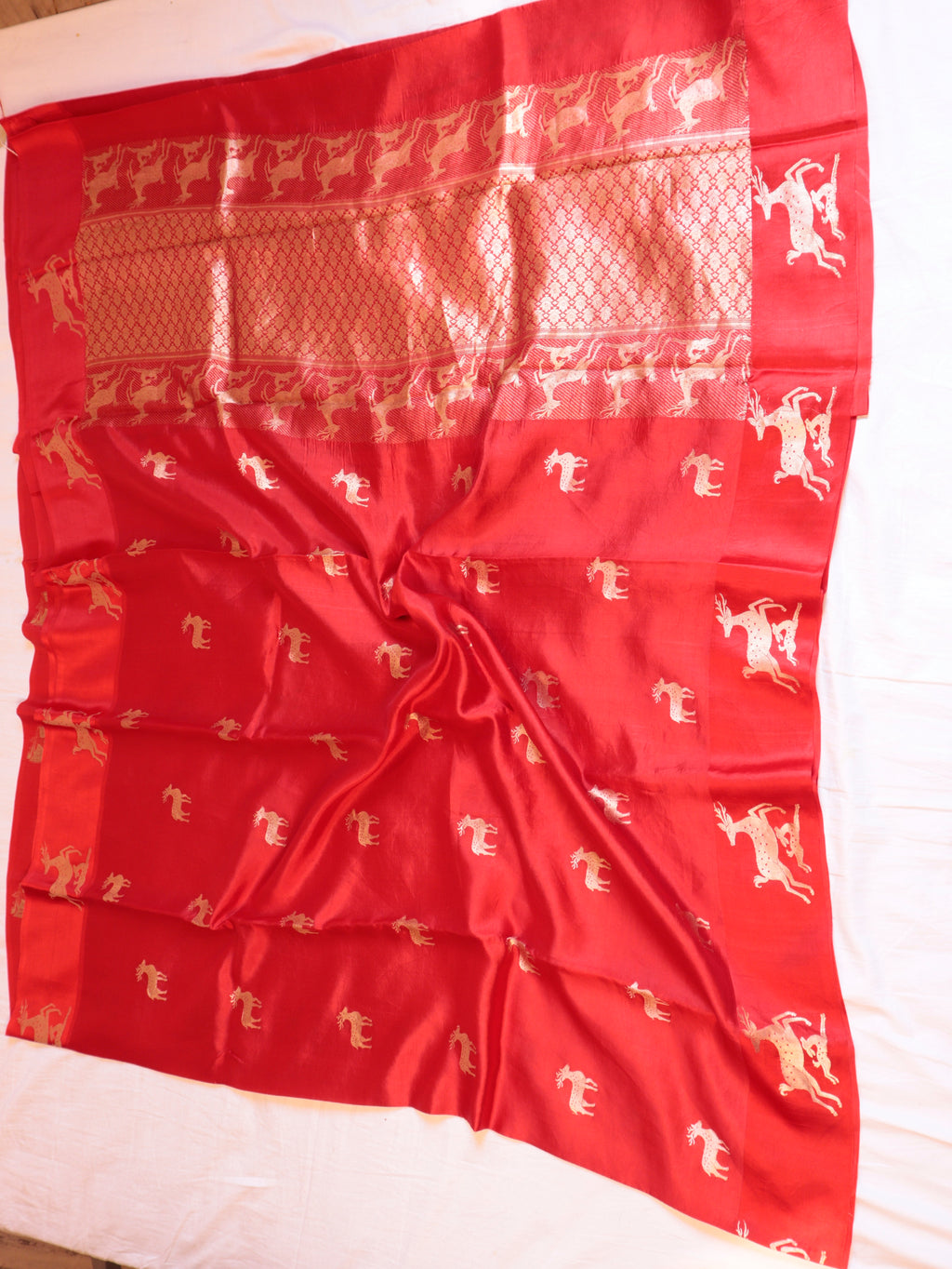 Deer Border Handloom Pure Soft Katan Silk Saree - Red