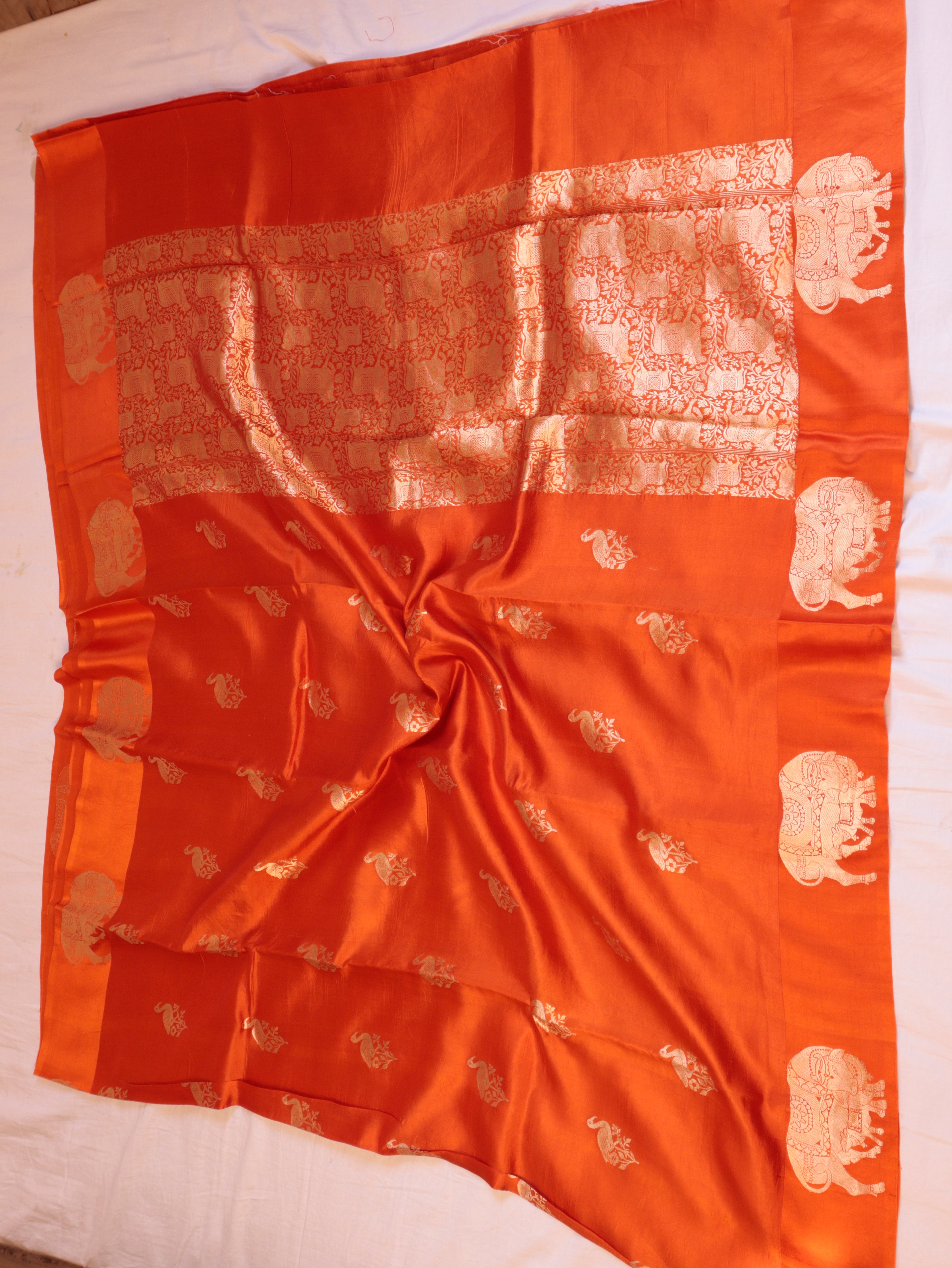 Cow Border Handloom Pure Soft Katan Silk Saree - Orange