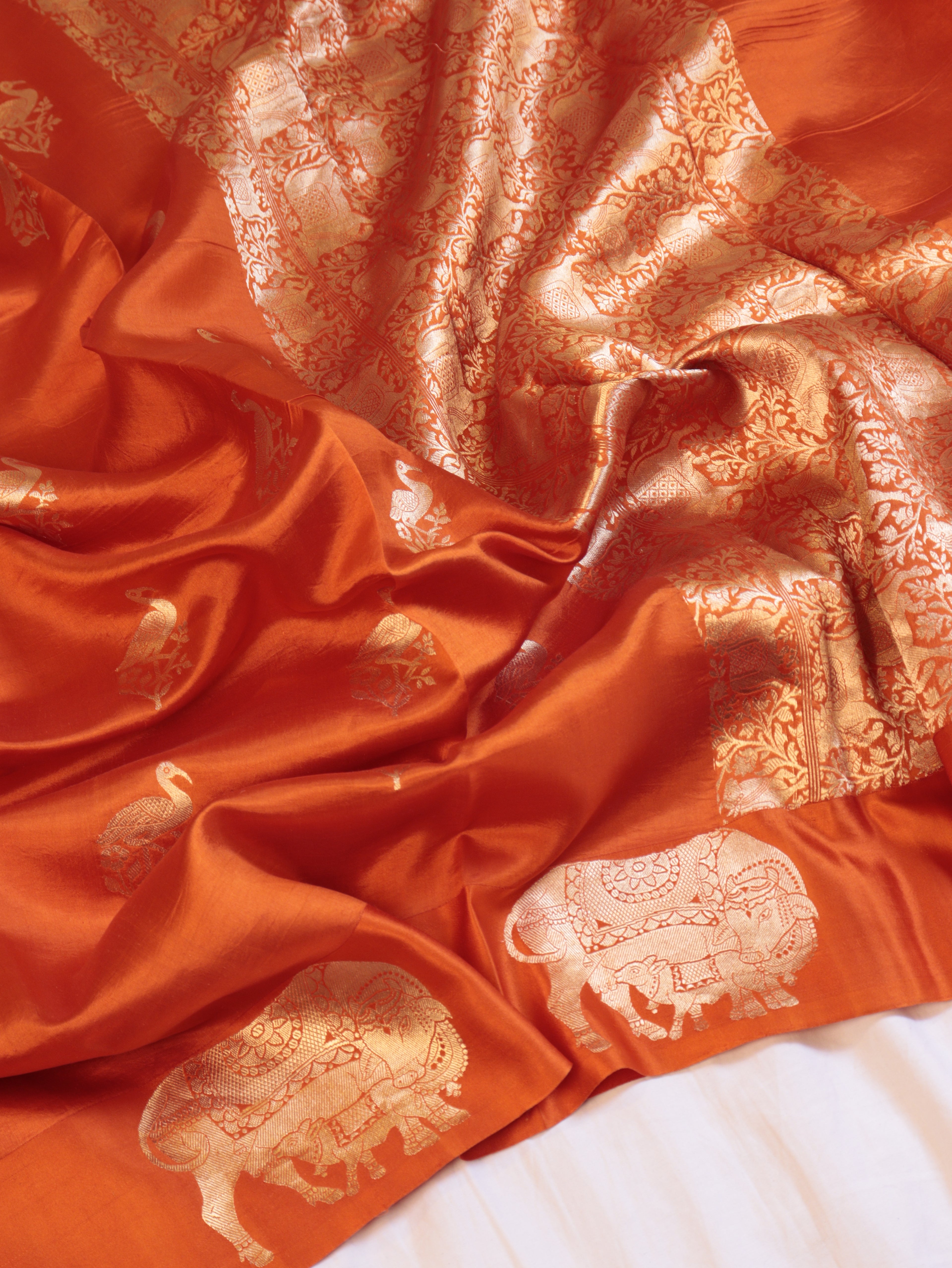 Cow Border Handloom Pure Soft Katan Silk Saree - Orange