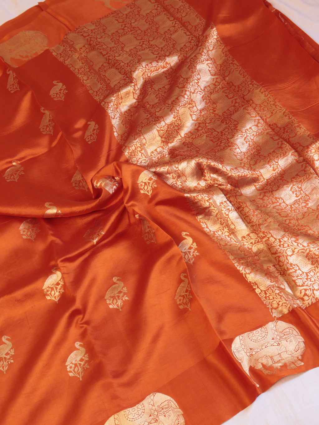 Cow Border Handloom Pure Soft Katan Silk Saree - Orange