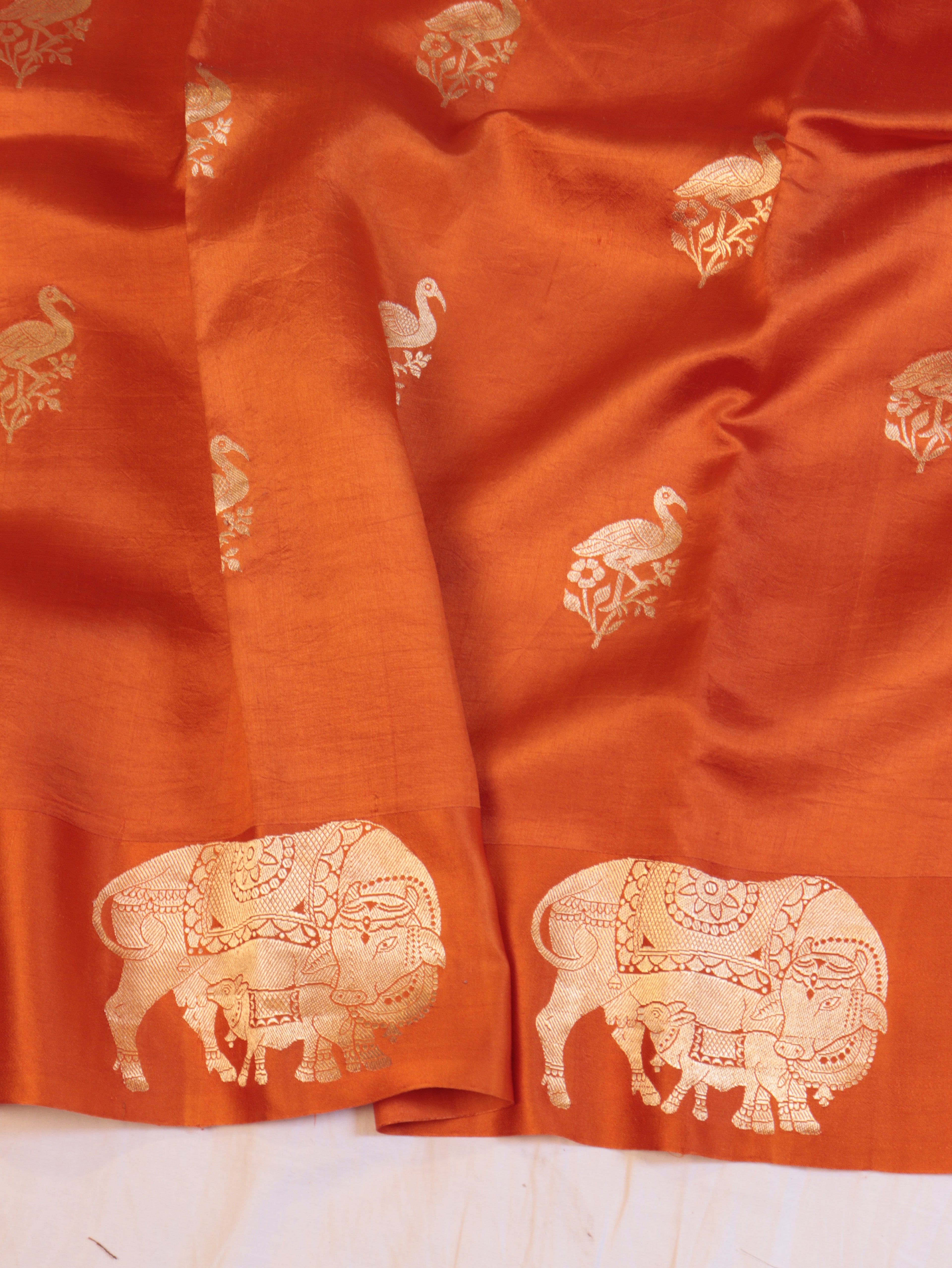 Cow Border Handloom Pure Soft Katan Silk Saree - Orange