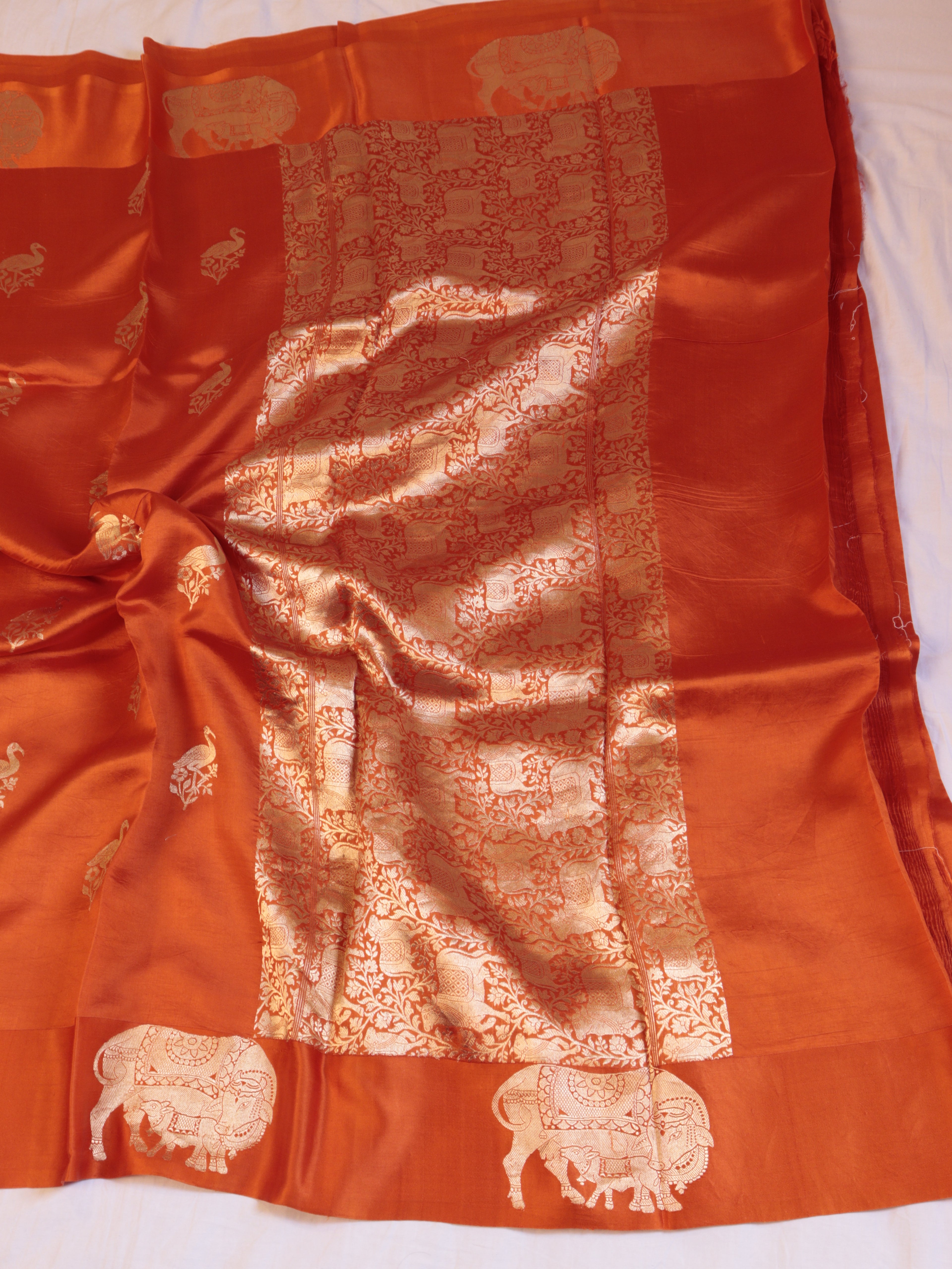 Cow Border Handloom Pure Soft Katan Silk Saree - Orange
