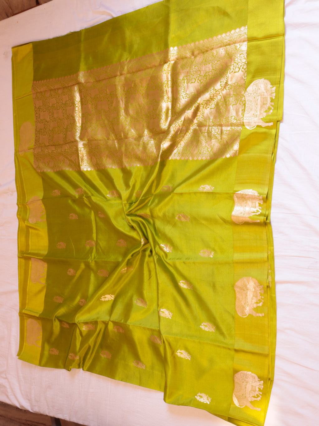 Cow Border Handloom Pure Soft Katan Silk Saree - Lime Green