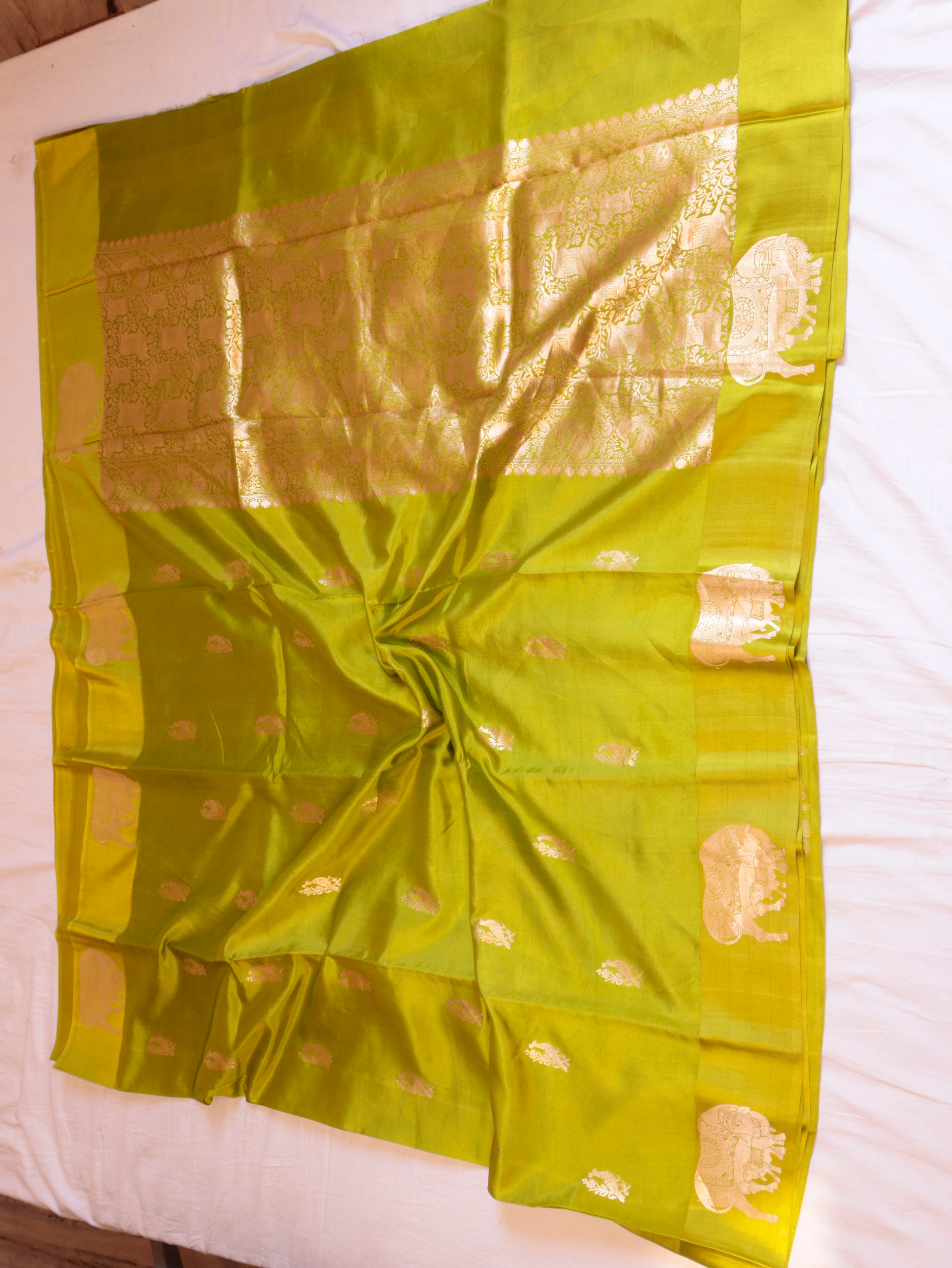 Cow Border Handloom Pure Soft Katan Silk Saree - Lime Green