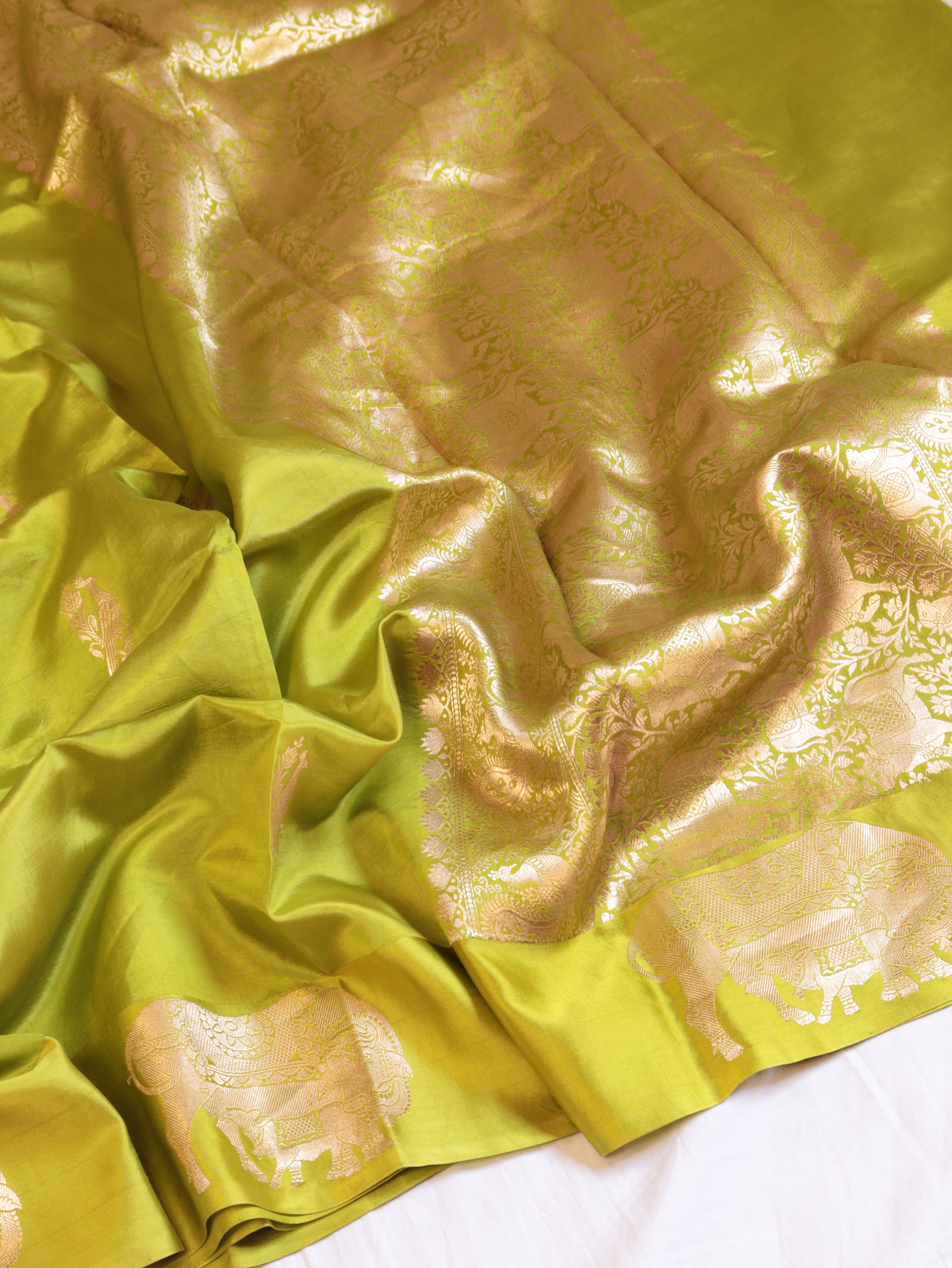 Cow Border Handloom Pure Soft Katan Silk Saree - Lime Green