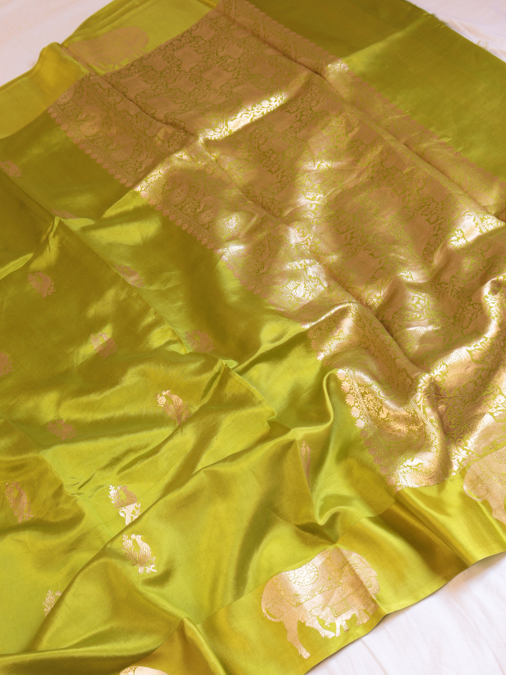 Cow Border Handloom Pure Soft Katan Silk Saree - Lime Green